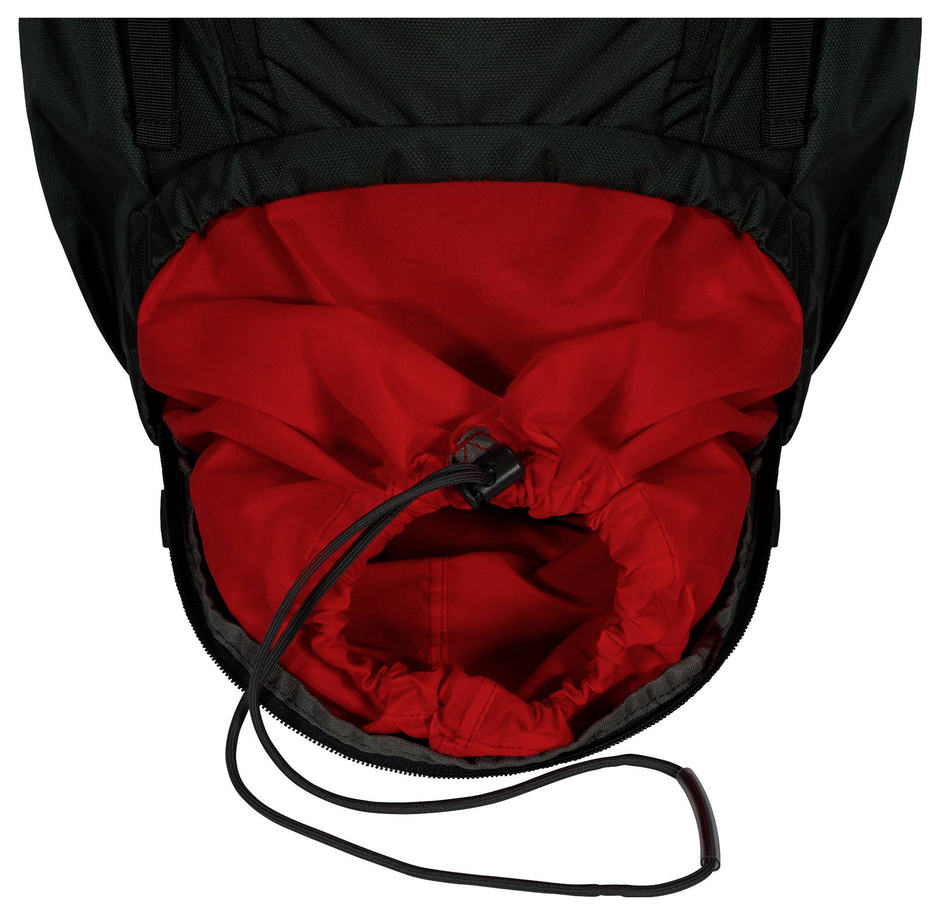 Ein schwarzer Rucksack mit rötlicher Kordelzugöffnung, der sein erweiterbares Fach präsentiert.