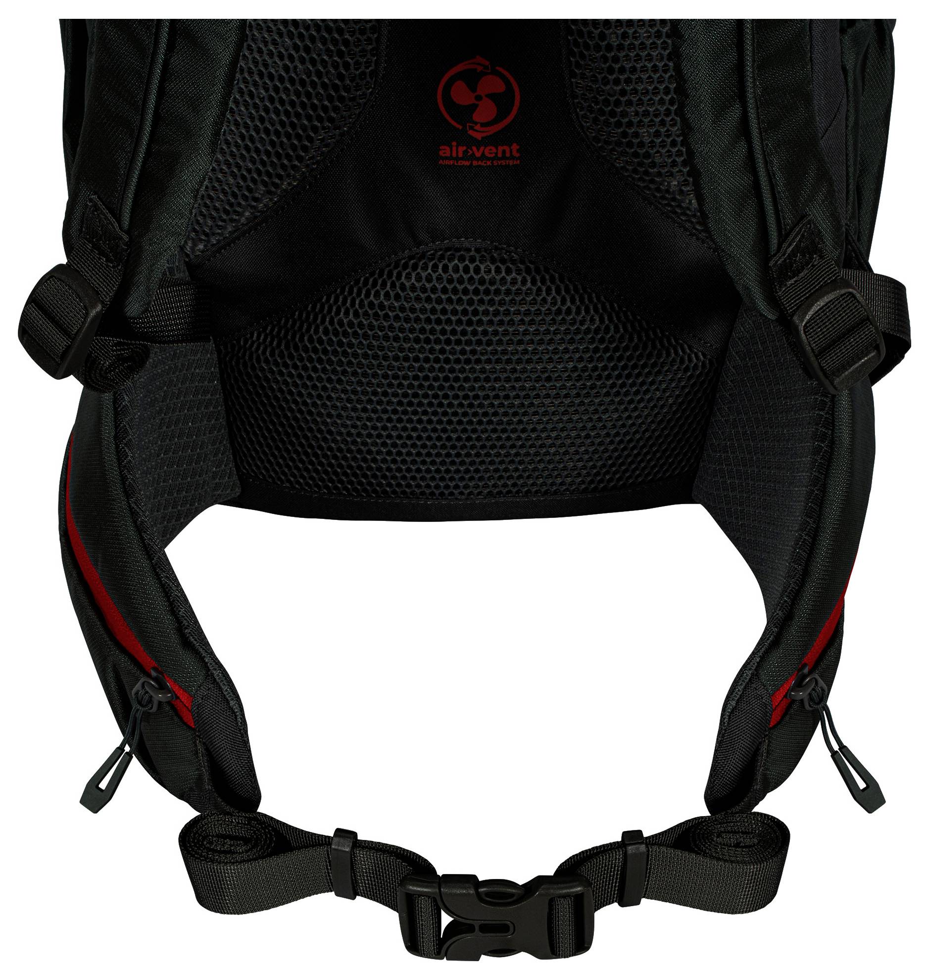 Schwarzer Rucksack mit rotem Logo mit der Aufschrift „air-vent
