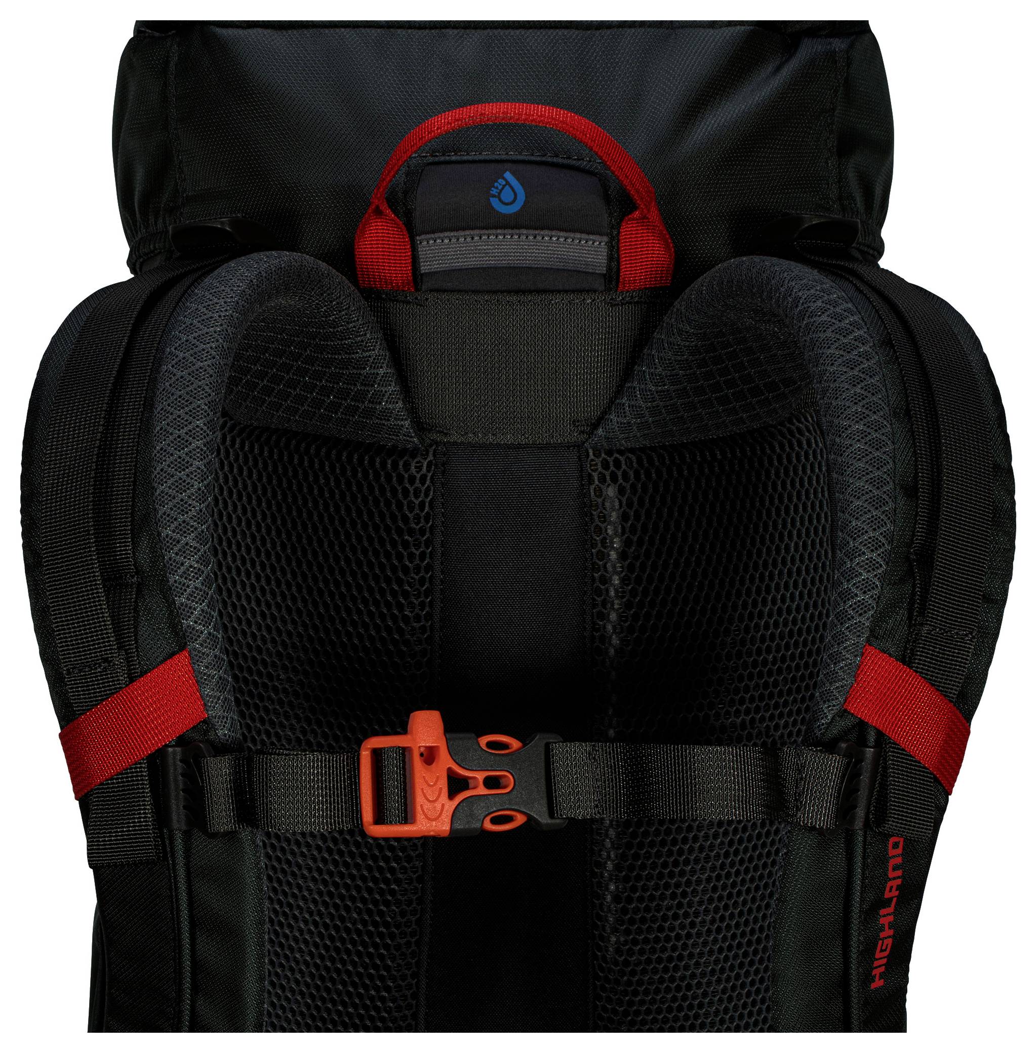 Schwarzer Rucksack mit roten Riemen und einer orangefarbenen Schnalle, ausgestattet mit gepolsterten Schultergurten und einem blauen Logo in der Mittelmitte oben.