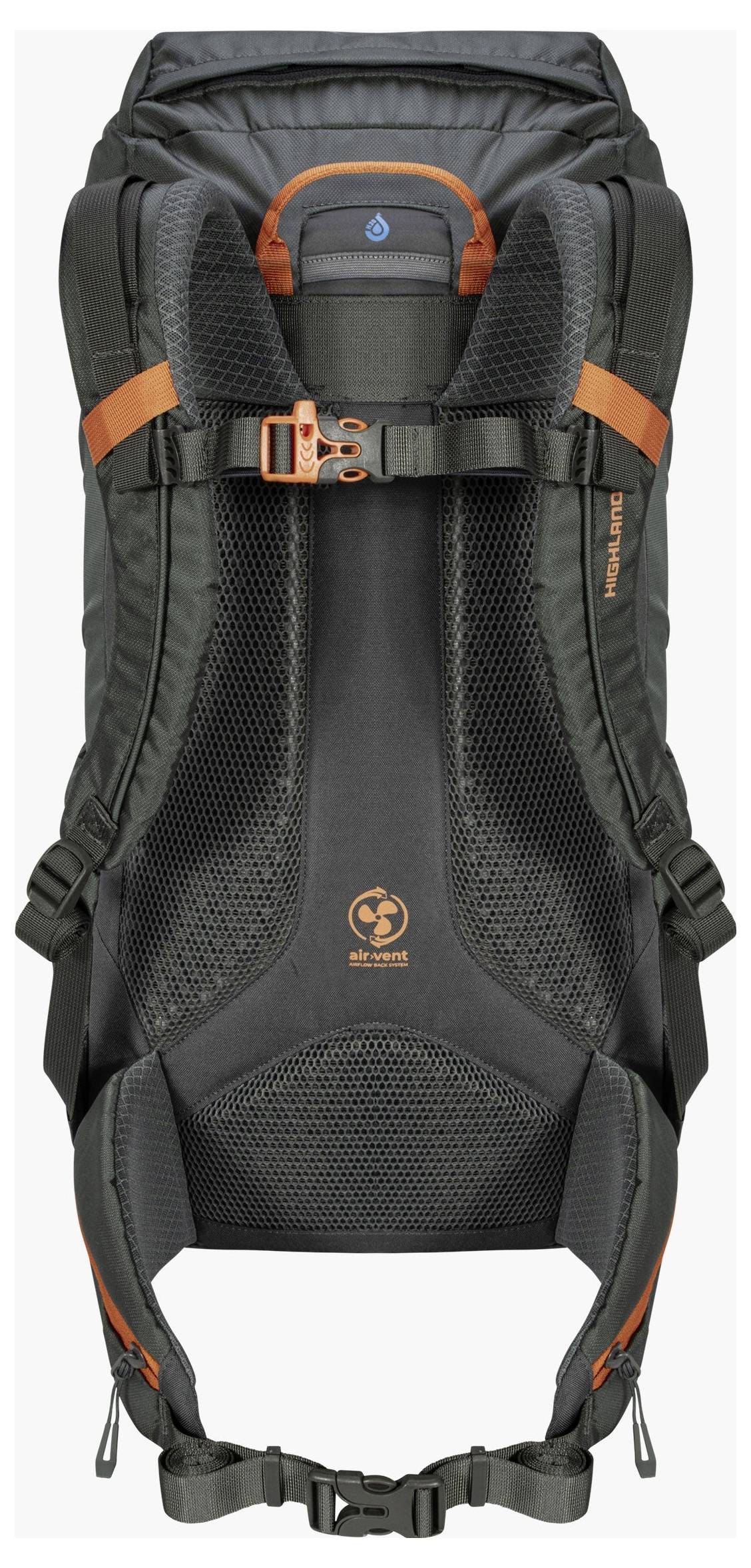 Ein schwarz-orangener Wanderrucksack von hinten gezeigt, der verstellbare Schultergurte, Brustgurt, Rückenpanel und Hüftgurt hervorhebt.