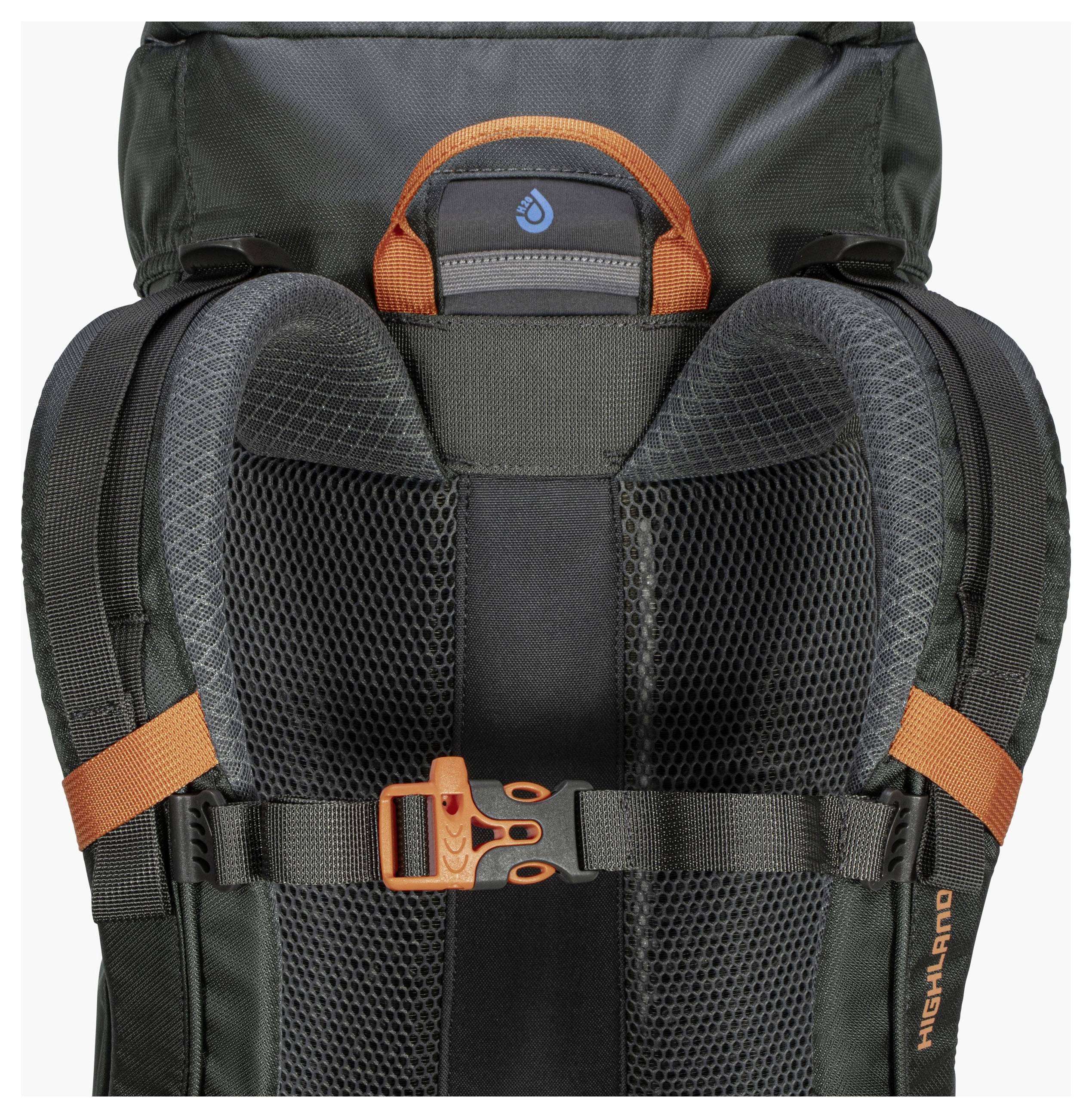 Schwarz-orangener Wanderrucksack mit ergonomischen Schultergurten und Mesh-Polsterung, konzipiert für Komfort und Belüftung.