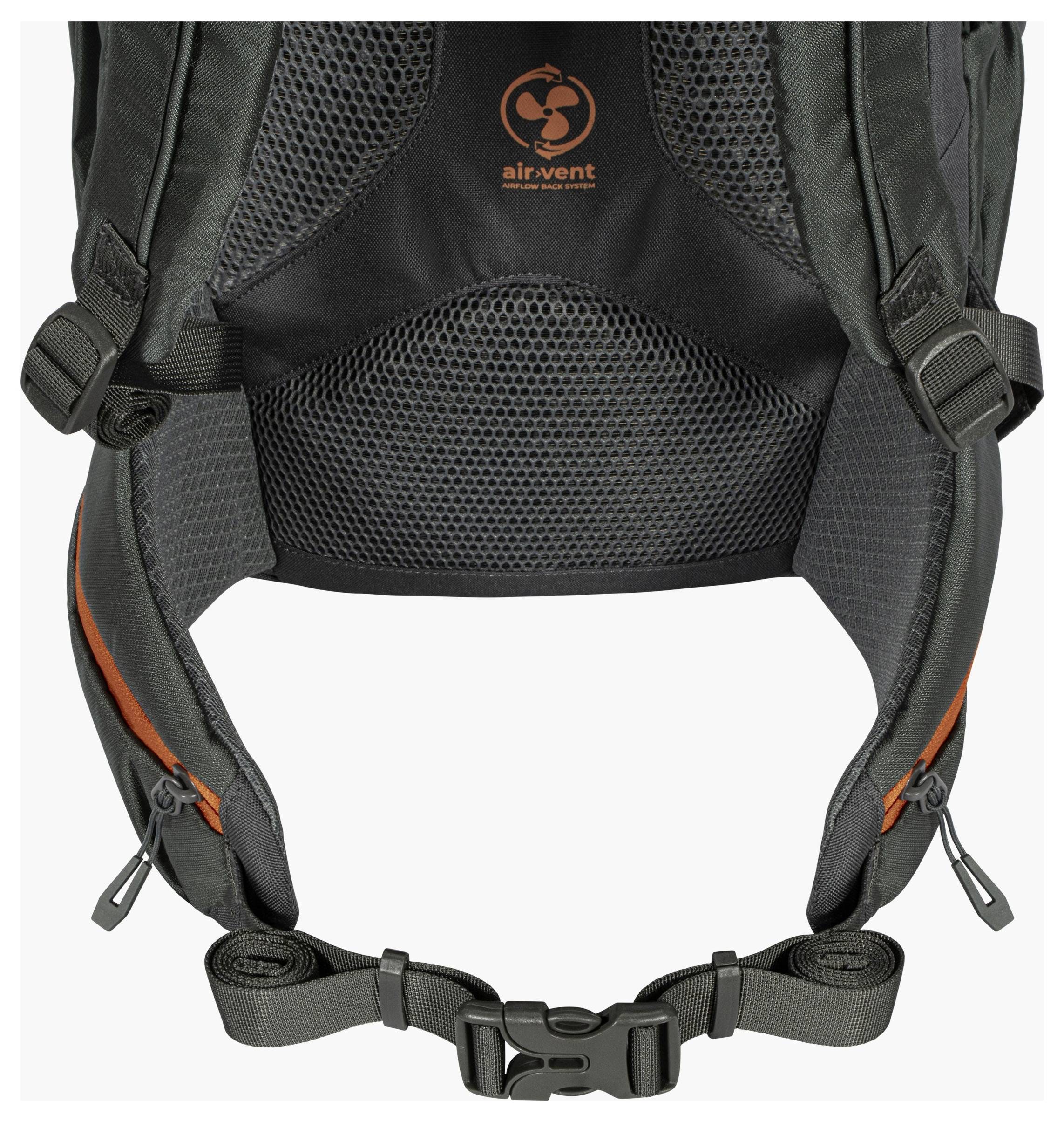 Das Bild zeigt die Rückseite eines Rucksacks mit gepolsterten Trägern, Netzstoff zur Belüftung und zwei Reißverschlusstaschen.