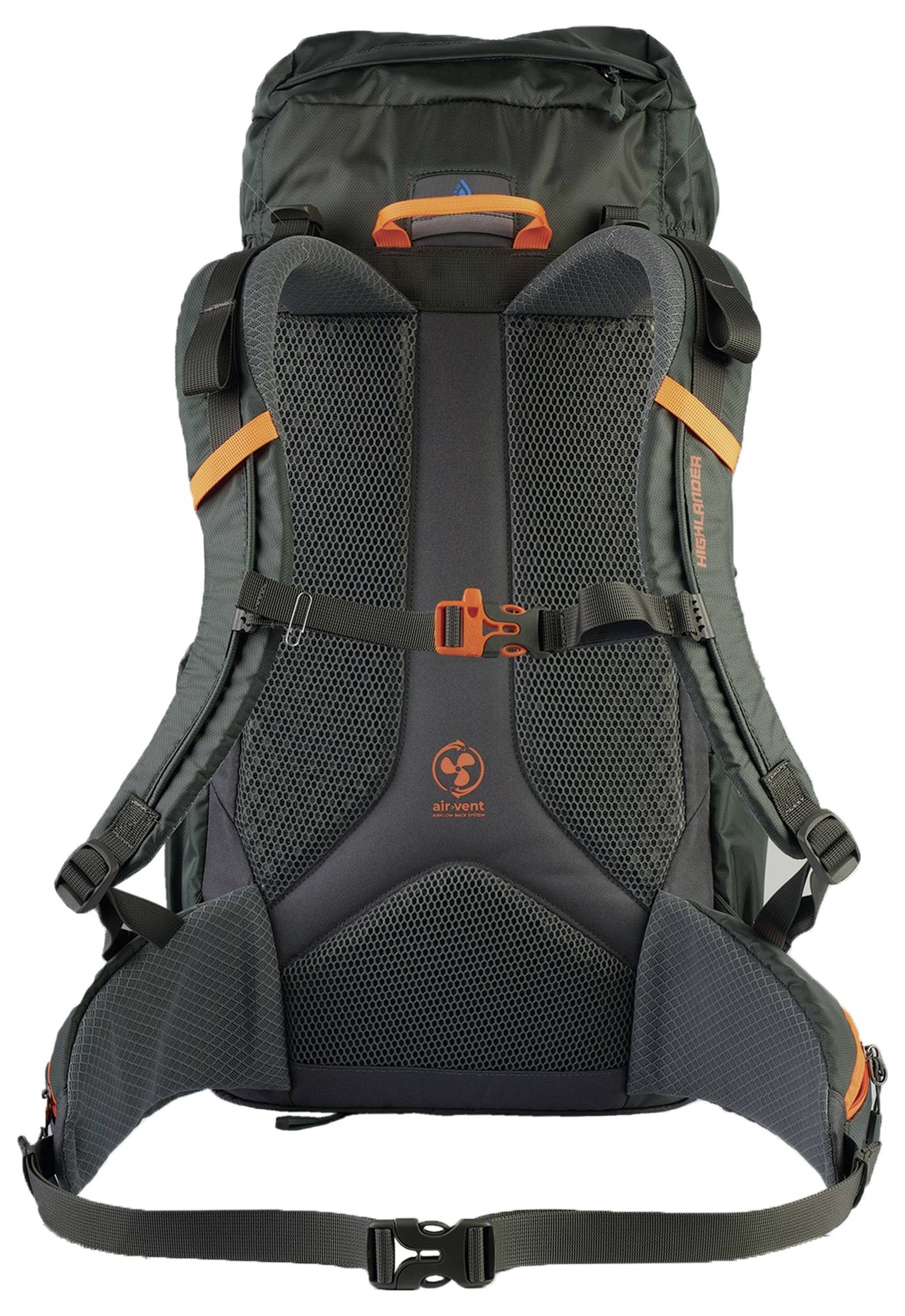 Ein Rucksack mit offener Oberseite, mit orangefarbenem Futter und Kordelzug-Verschluss, wobei ein Teil des inneren Fachs sichtbar ist.