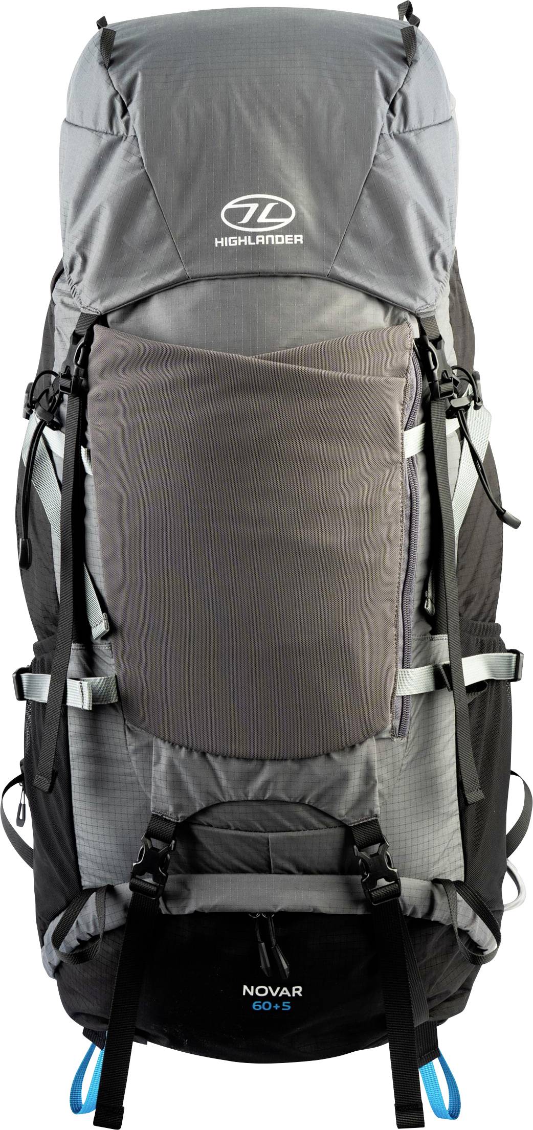 Ein großer grau-schwarzer Wanderrucksack mit mehreren Fächern und verstellbaren Riemen, mit der Aufschrift „Novar 60+5