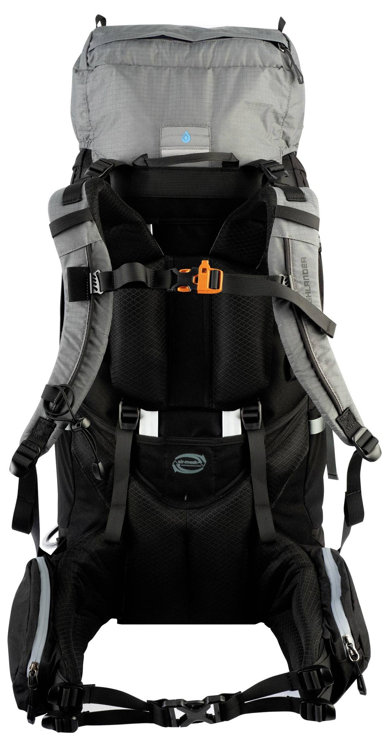 Ein schwarzer und grauer Wanderrucksack mit mehreren Riemen und einem Hüftgurt, entworfen für die Outdoor-Nutzung, mit gepolsterten Schultergurten für Komfort.