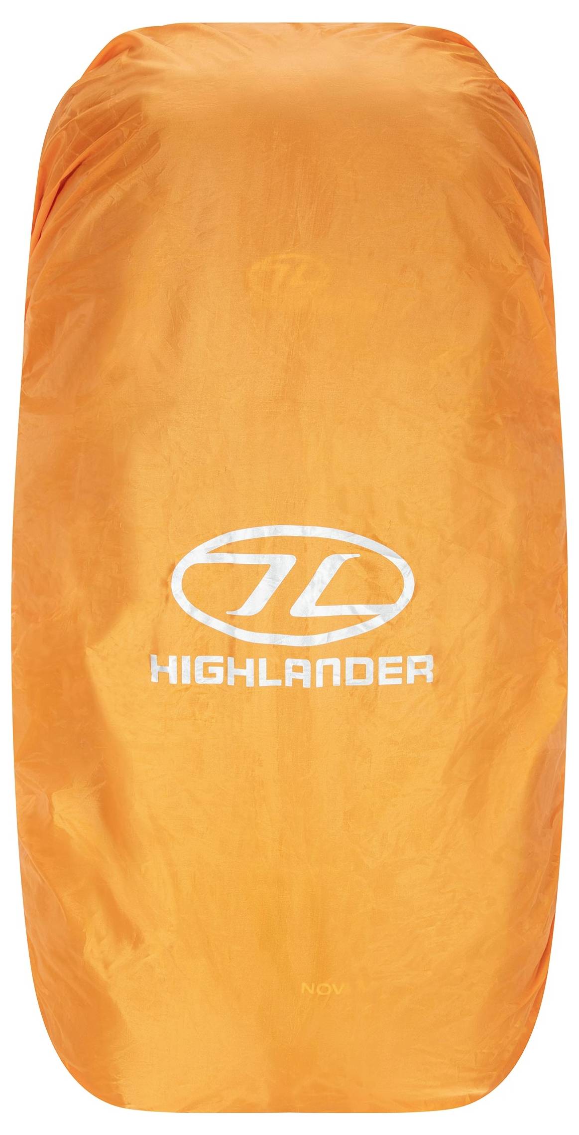 Orangefarbene Regenschutzhülle für Rucksäcke mit 'Highlander'-Logo.