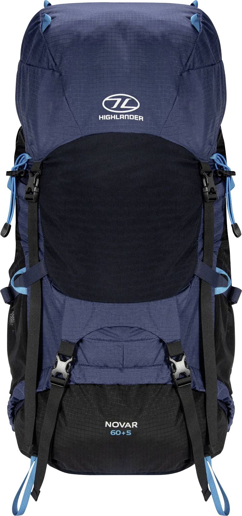 Ein großer blau-schwarzer Wanderrucksack mit mehreren Riemen und Schnallen, mit der Aufschrift 