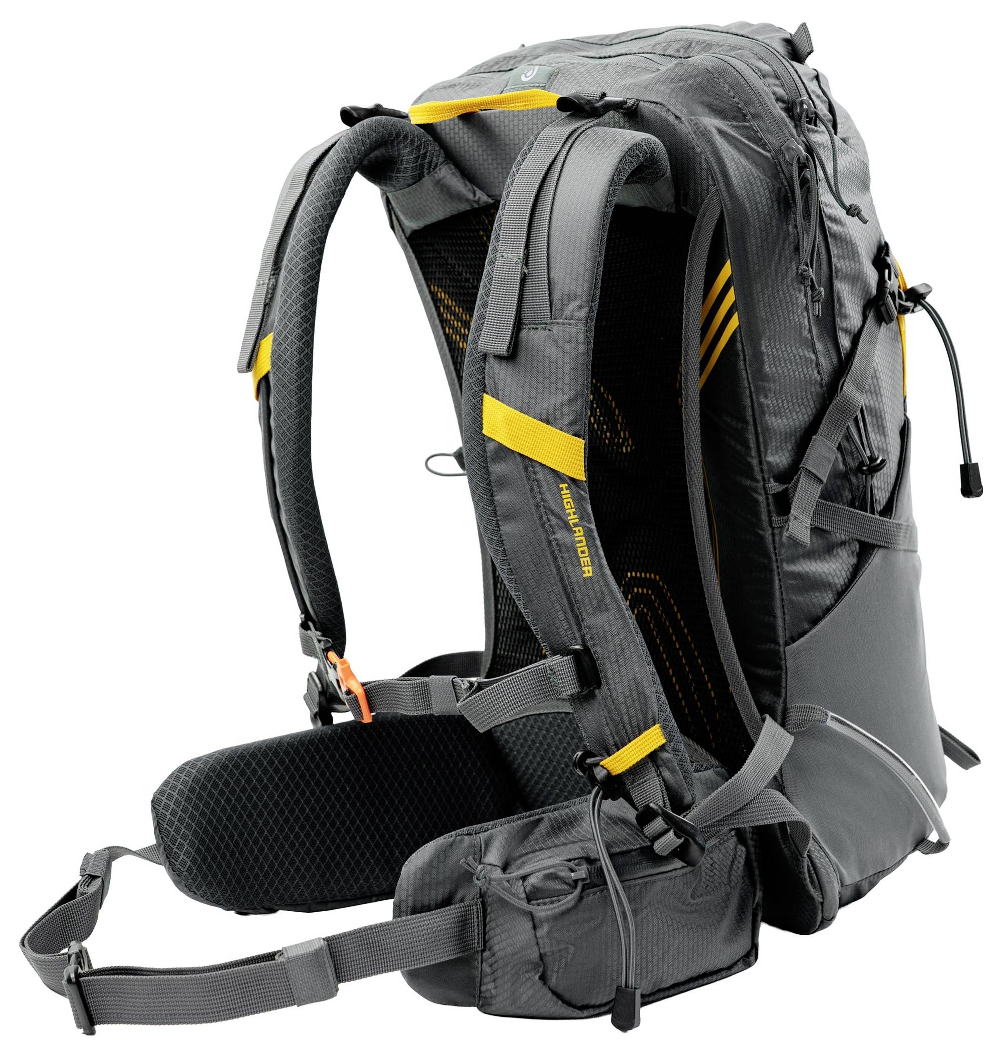 Ein robuster schwarz-gelber Wanderrucksack mit gepolsterten Schultergurten und Hüftgurt, entwickelt für Outdoor-Abenteuer.