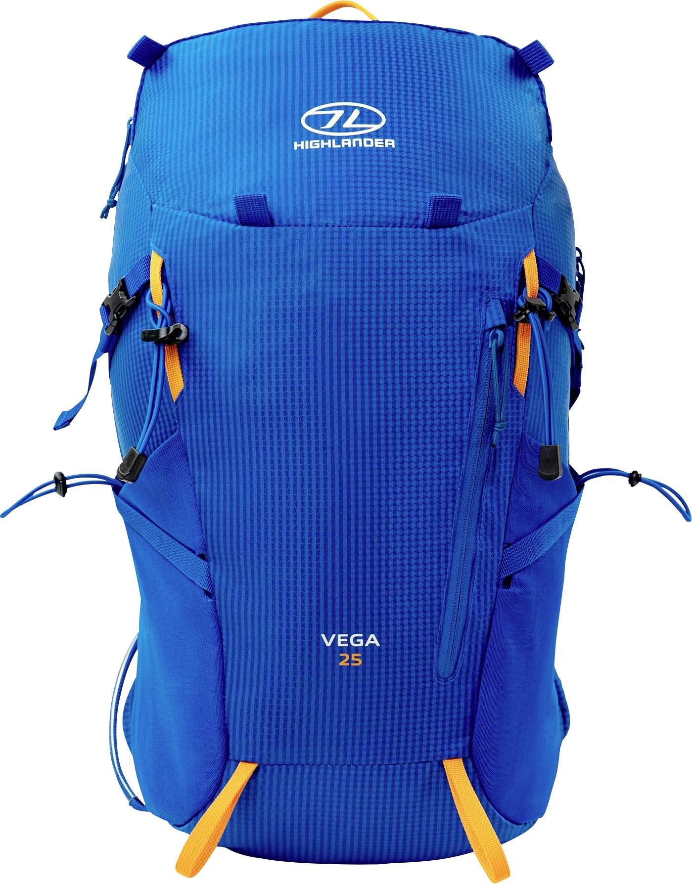 Ein blauer Wanderrucksack mit orangefarbenen Akzenten, Marke „Highlander