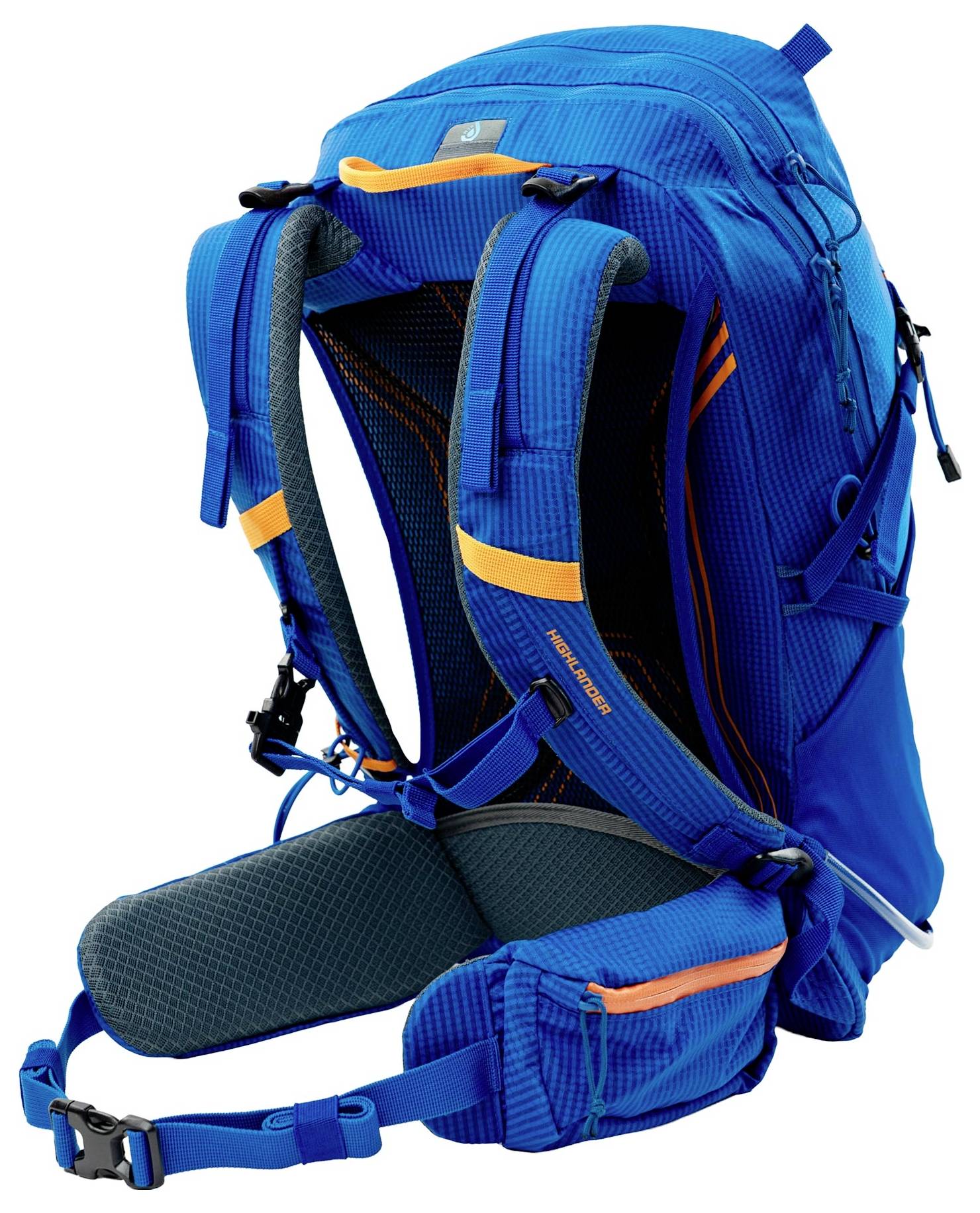 Ein blauer Wanderrucksack mit orangefarbenen Akzenten, ausgestattet mit gepolsterten Schultergurten, mehreren Fächern und verstellbaren Hüft- und Brustgurten.