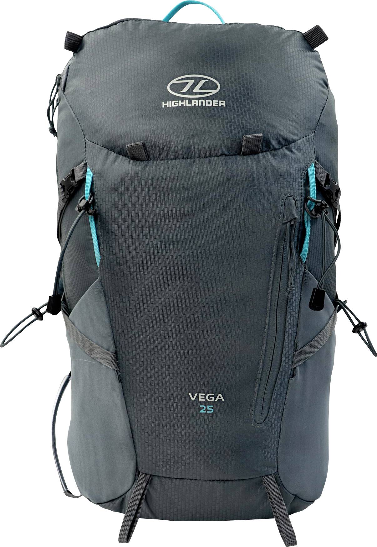 Ein grauer Wanderrucksack mit dem Highlander-Logo und dem Text „Vega 25