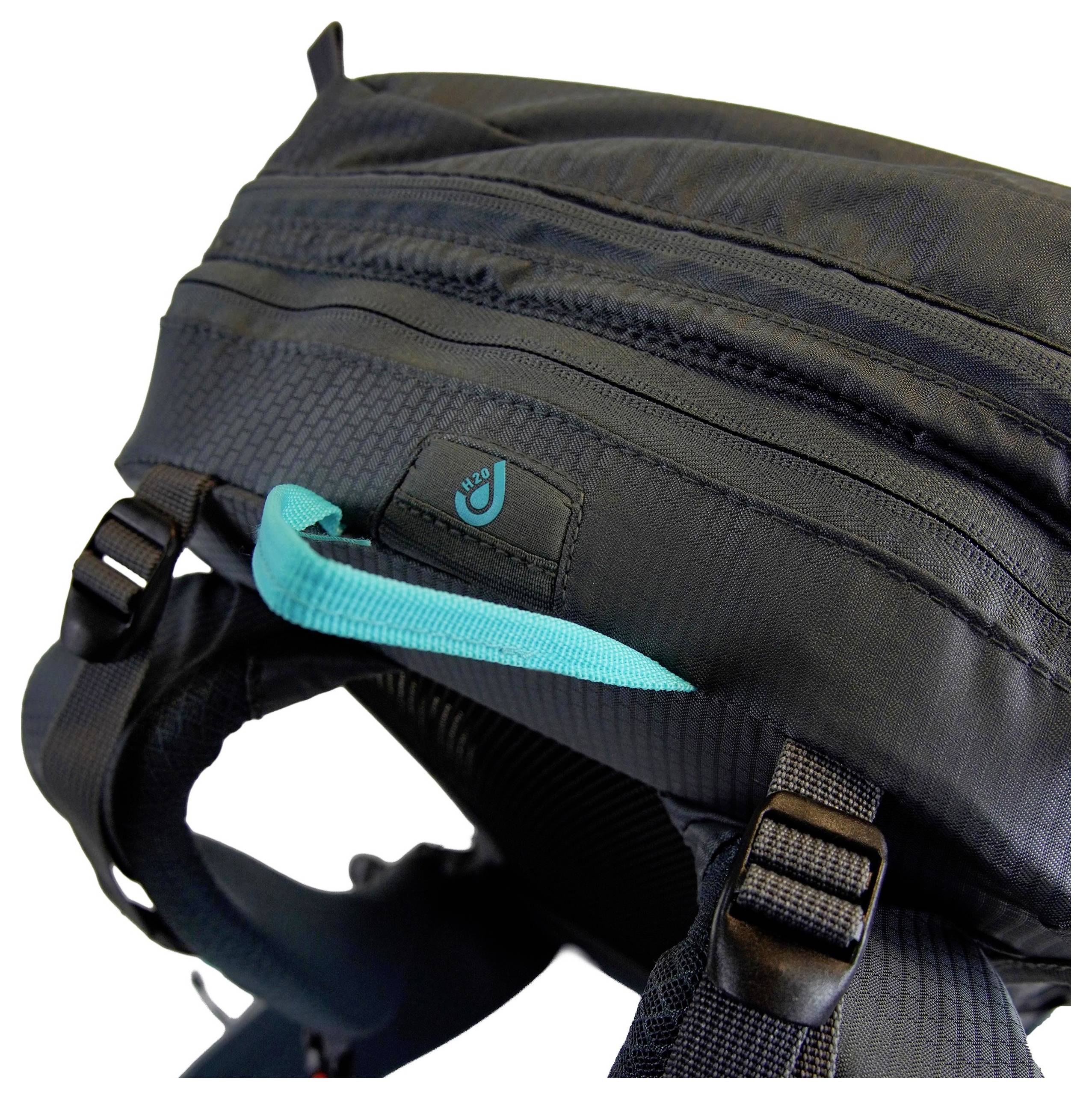 Ein schwarzer Rucksack mit türkisfarbenem Reißverschlussgriff, mit langlebigem Stoff und verstellbaren Riemen, vor weißem Hintergrund.