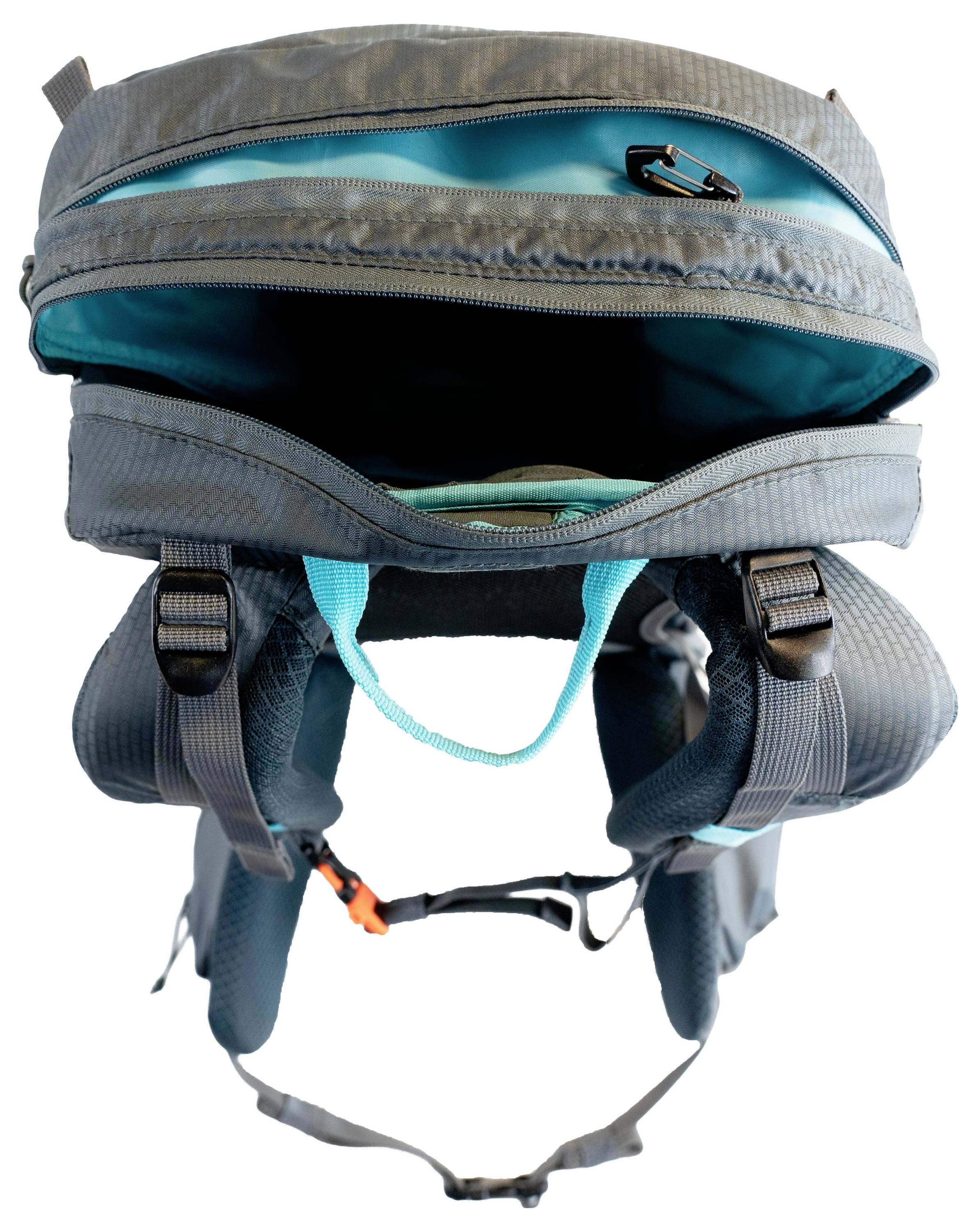 Ein grauer Rucksack mit zwei Hauptfächern, die offen sind und einen türkisfarbenen Innenraum zeigen. Der Rucksack verfügt über gepolsterte Schultergurte und einen Hüftgurt.