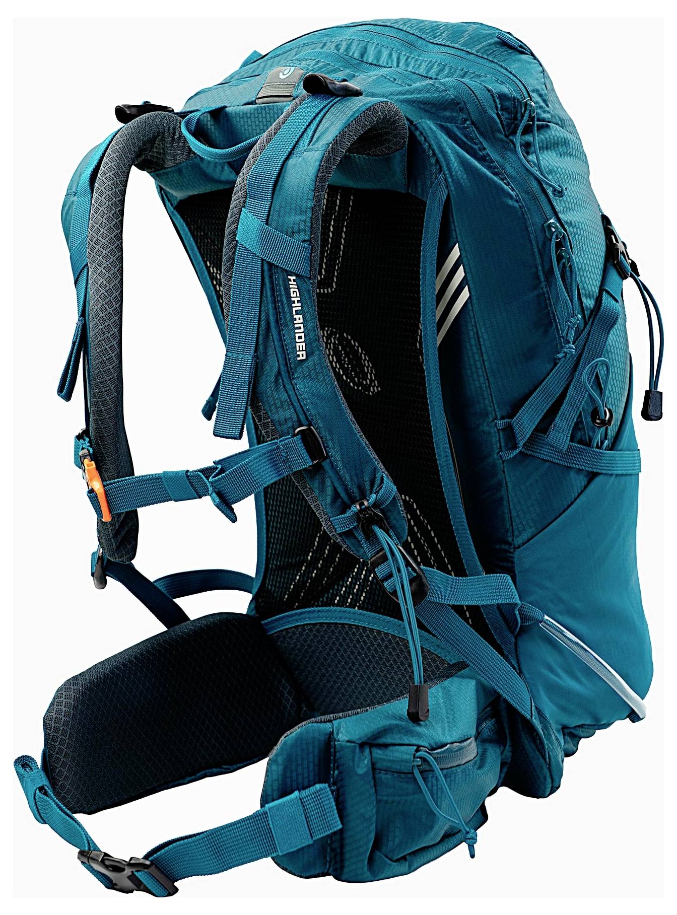 Ein blauer Wanderrucksack mit mehreren verstellbaren Riemen und gepolsterter Schulterstütze, entworfen um Ausrüstung effizient zu transportieren.