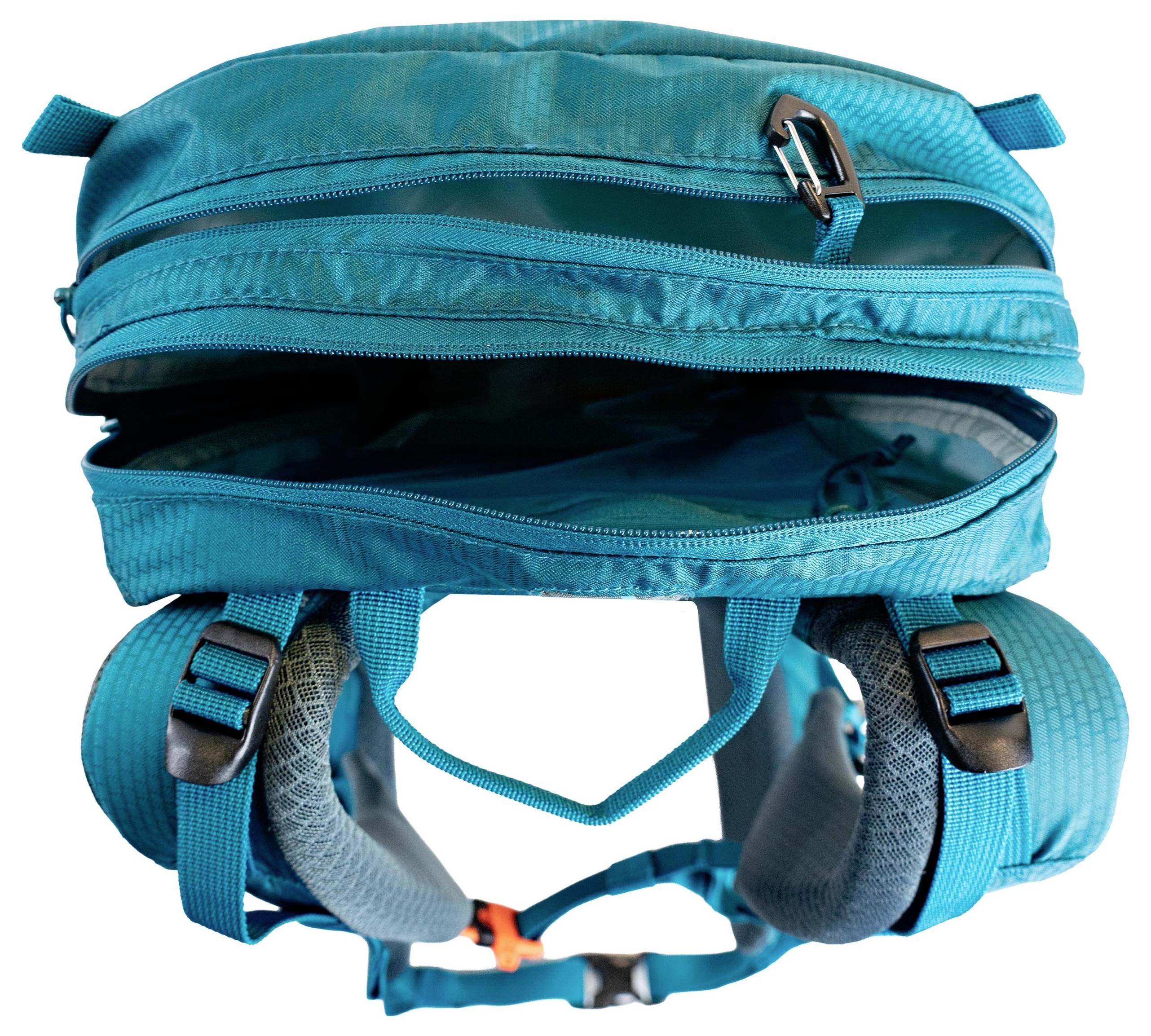 Ein türkisfarbener Rucksack mit zwei offenen Hauptfächern, sichtbaren Reißverschlüssen, gepolsterten Schultergurten und einer kleinen Schnalle, der sein großzügiges Inneres zeigt.