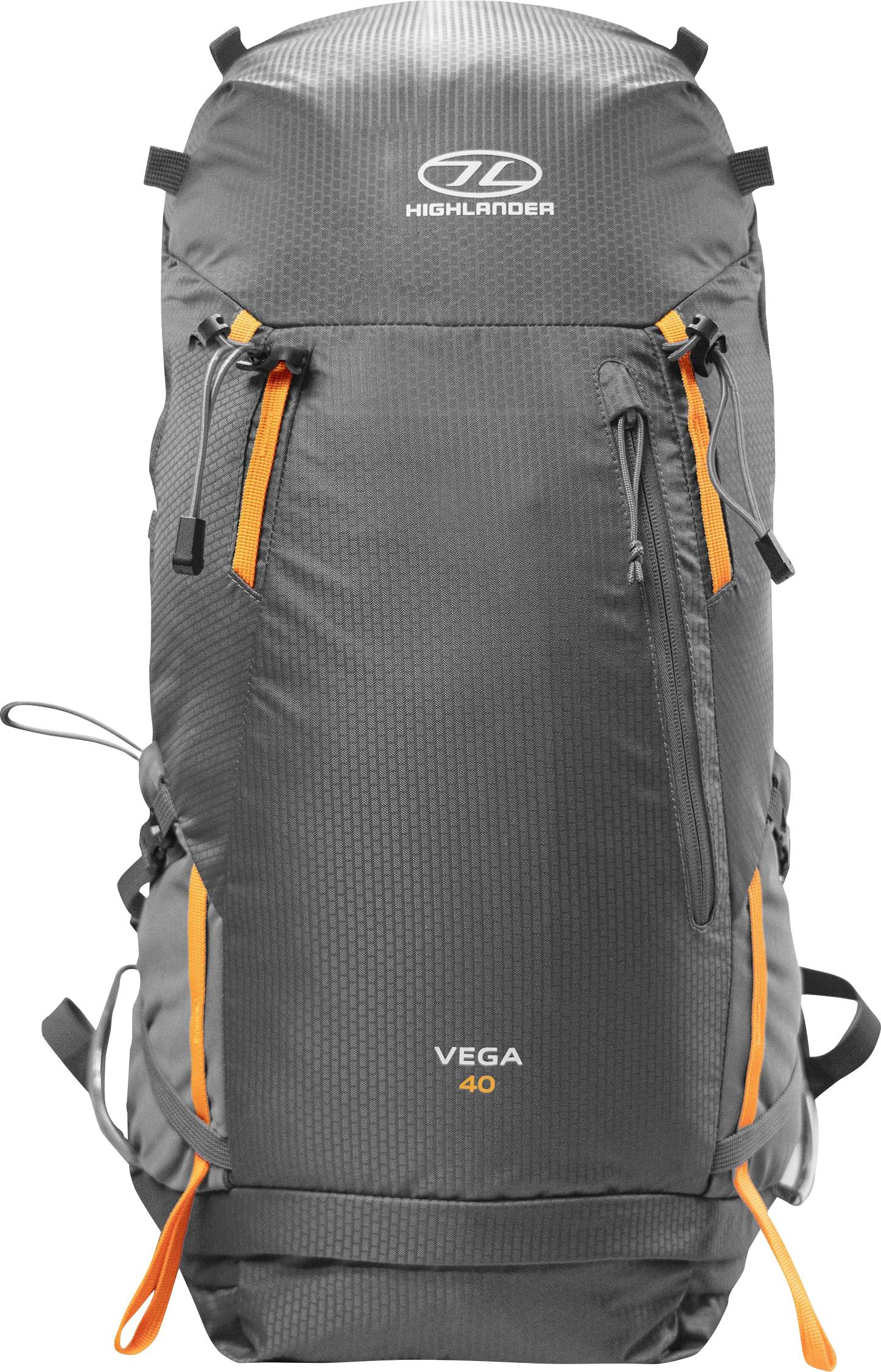 Ein grauer Rucksack der Marke Highlander Vega 40 mit leuchtend orangenen Akzenten, mit mehreren Reißverschlusstaschen und verstellbaren Riemen.