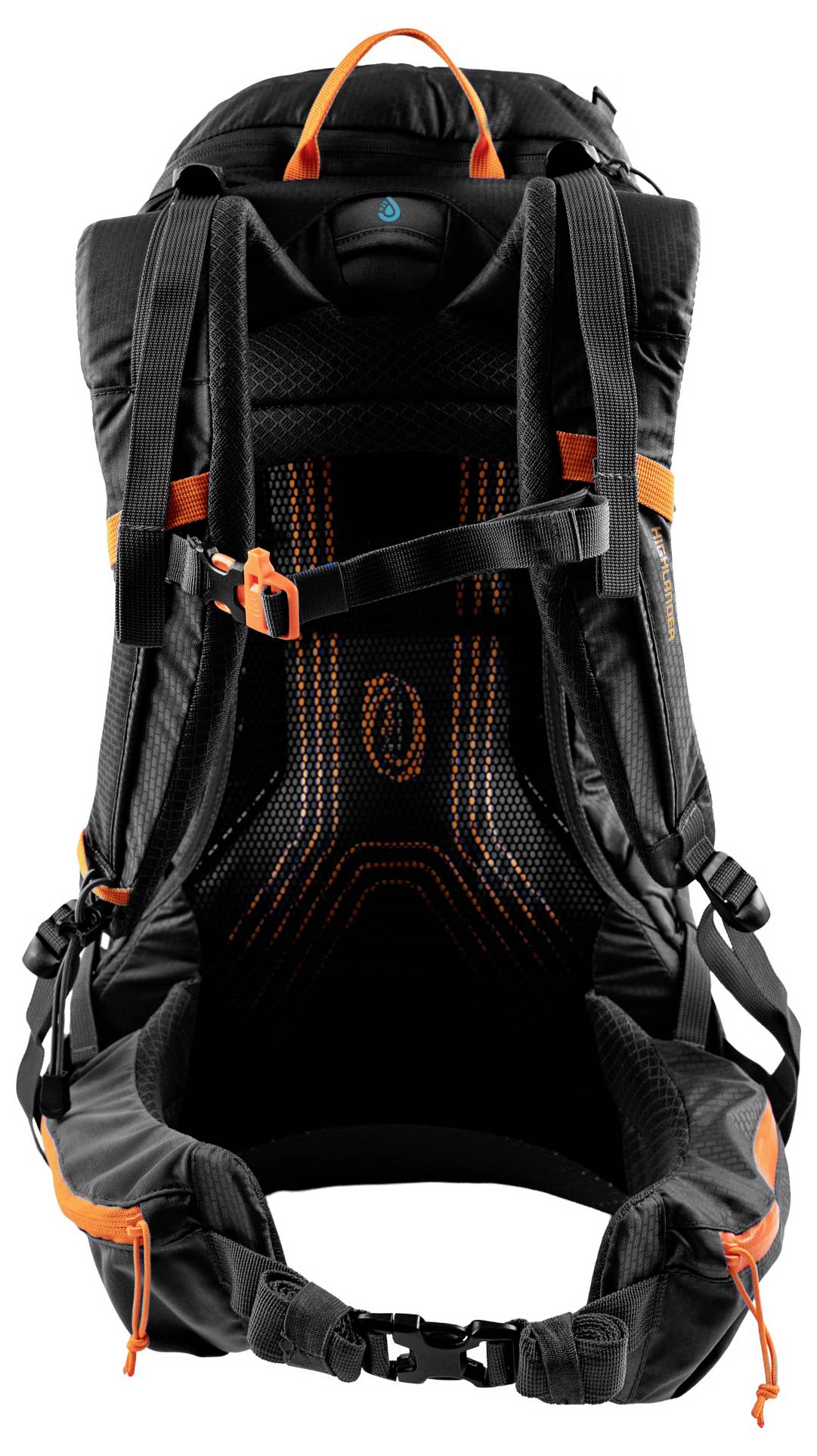 Schwarzer Wanderrucksack mit orangefarbenen Akzenten, ausgestattet mit gepolsterten Schultergurten, Hüftgurt und mehreren verstellbaren Schnallen zur Unterstützung.