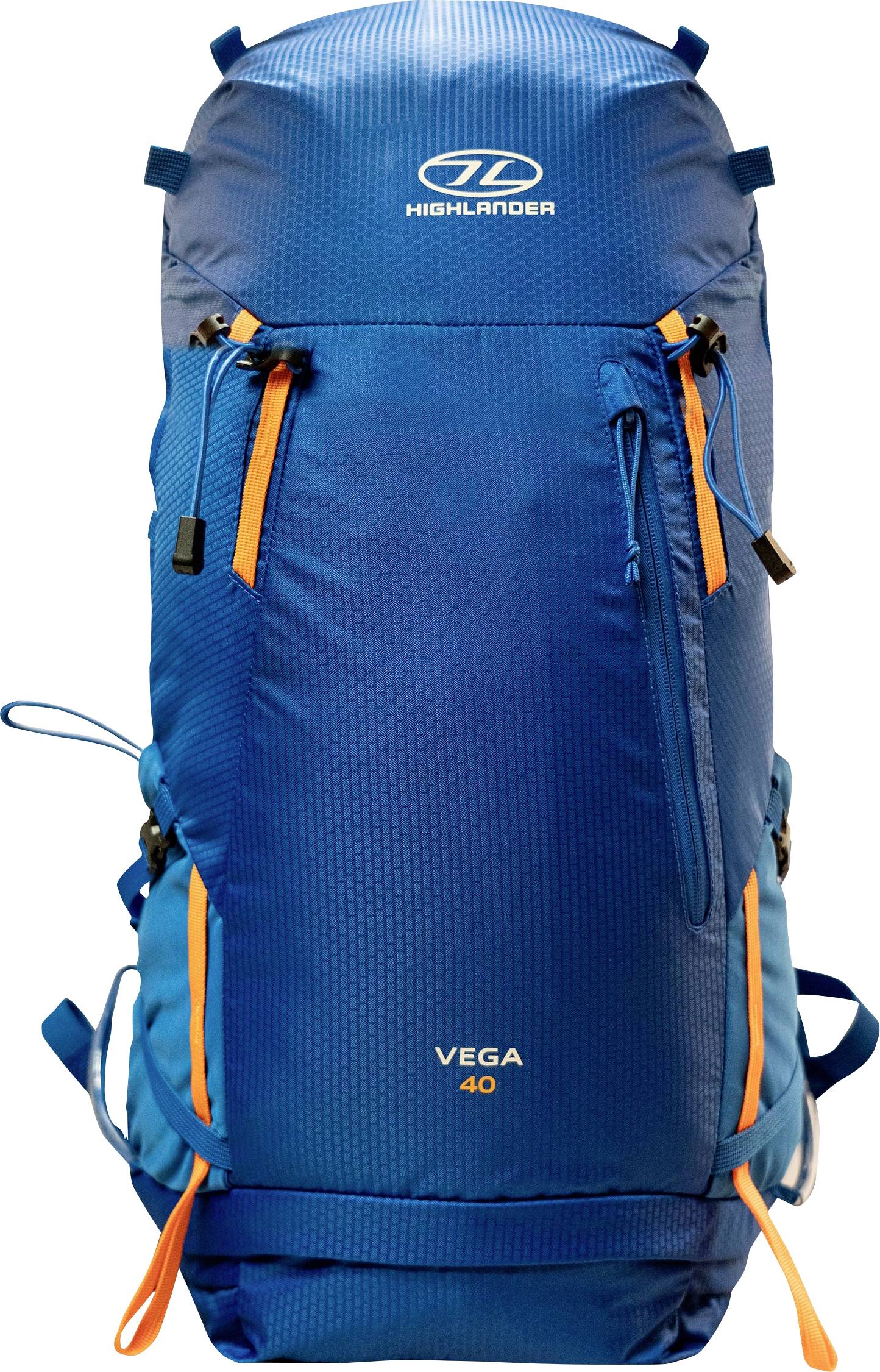 Ein blauer Wanderrucksack mit orangefarbenen Akzenten, der mehrere Fachverschlüsse mit Reißverschluss aufweist. Der Markenname 