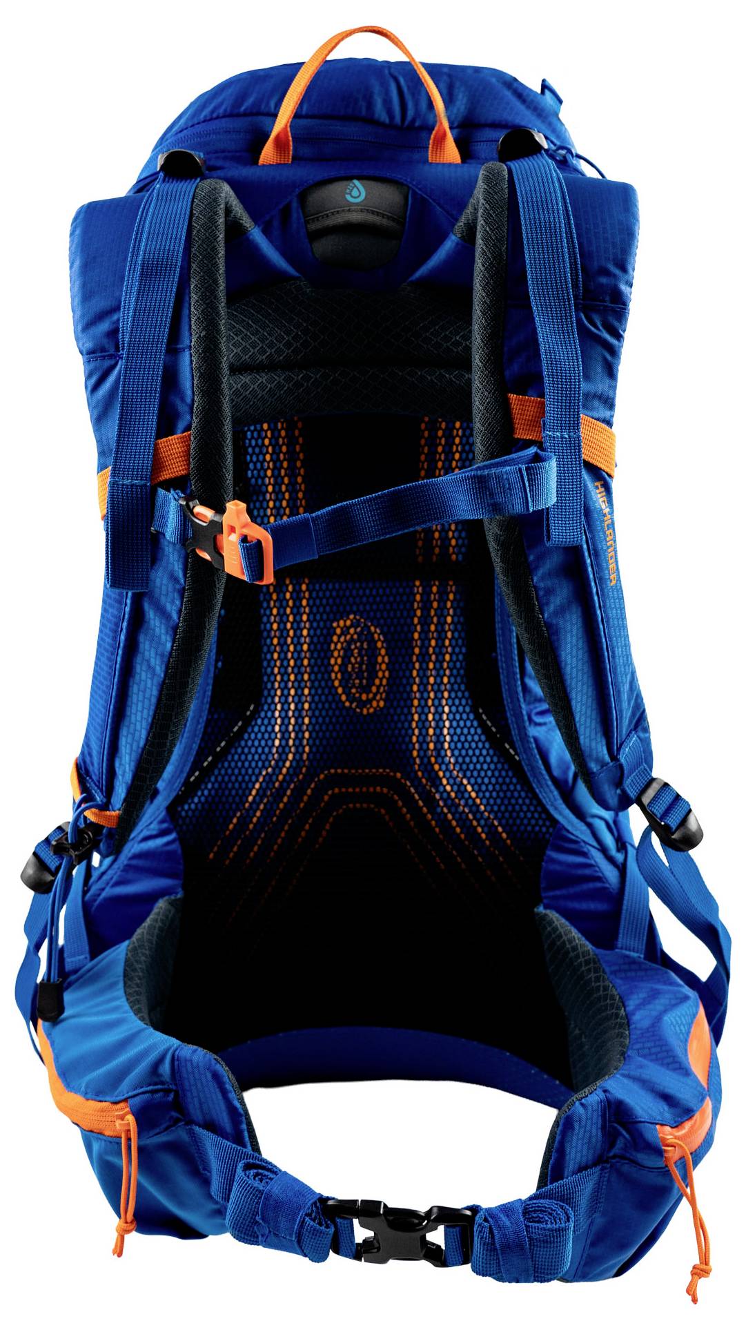 Ein blauer Rucksack mit orangefarbenen Akzenten, ausgestattet mit verstellbaren Trägern und einem atmungsaktiven Rückenpanel, konzipiert für Wanderungen und Outdoor-Nutzung.