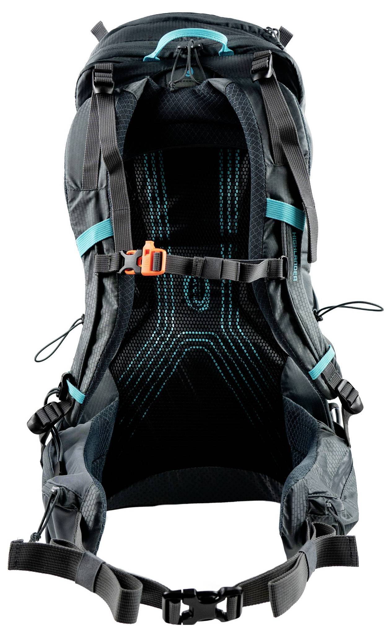 Ein schwarzer und petrolblauer Wanderrucksack, von hinten gezeigt, mit gepolsterten Trägern, verstellbaren Schnallen und einer atmungsaktiven Netzstütze für maximalen Komfort.