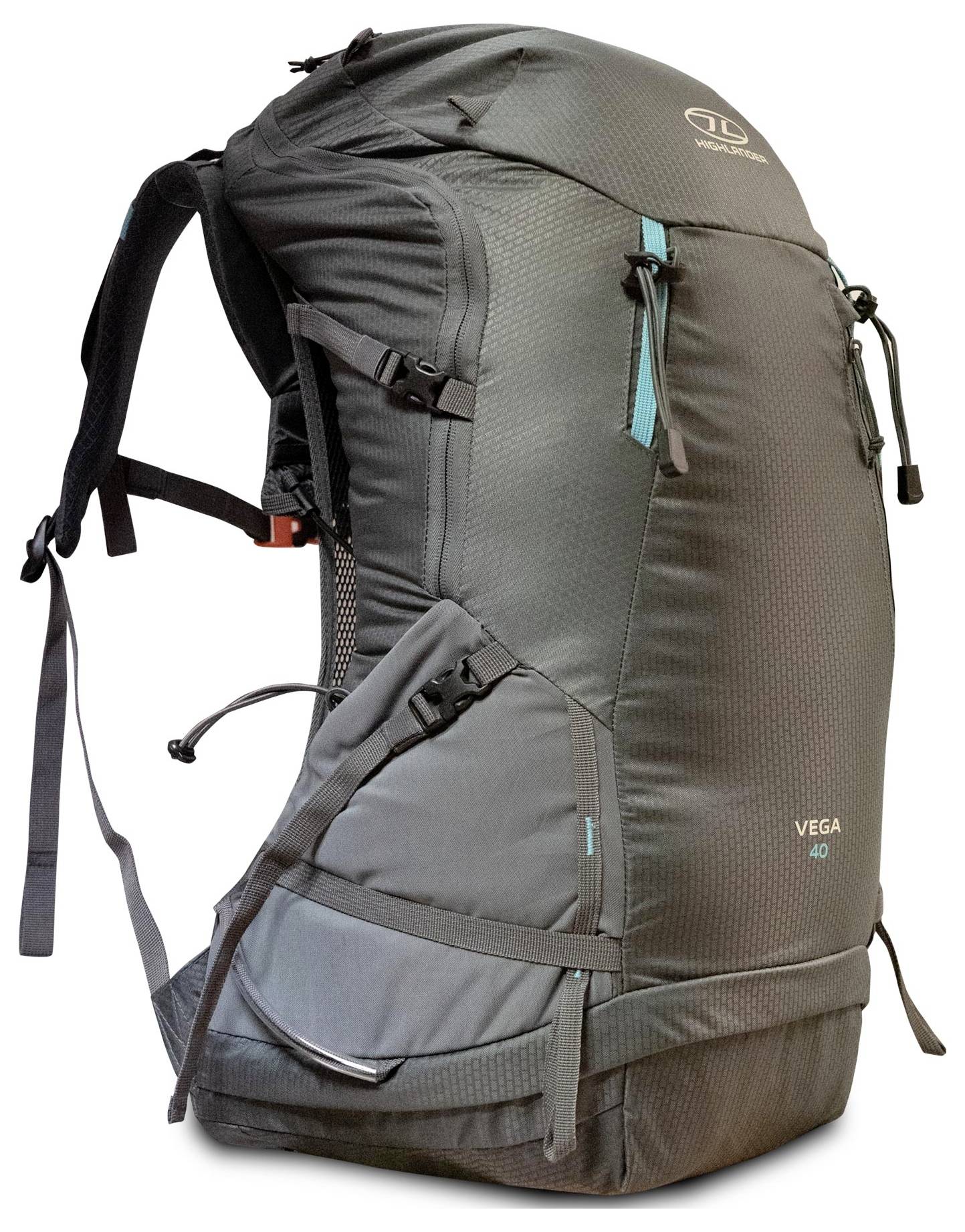 Ein grauer Wanderrucksack mit mehreren Fächern und verstellbaren Riemen, mit dem Markenlogo und dem Modellnamen 