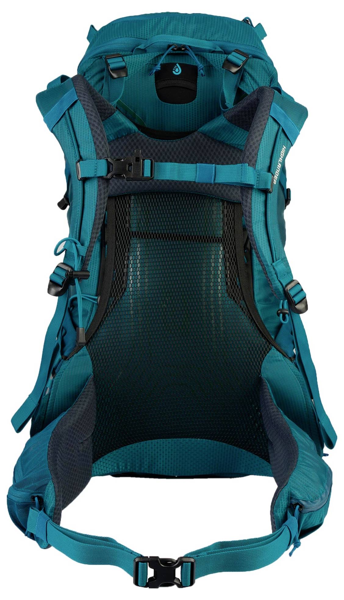 Ein türkises Wander-Rucksack, von hinten gezeigt, mit verstellbaren Riemen und einem belüfteten Netzpanel für zusätzlichen Komfort.