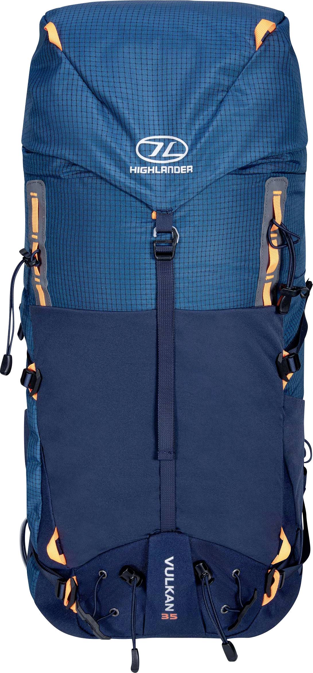 Ein großer blauer Wanderrucksack mit orangefarbenen Akzenten, ausgestattet mit mehreren Riemen und Taschen, mit den Marken „Highlander