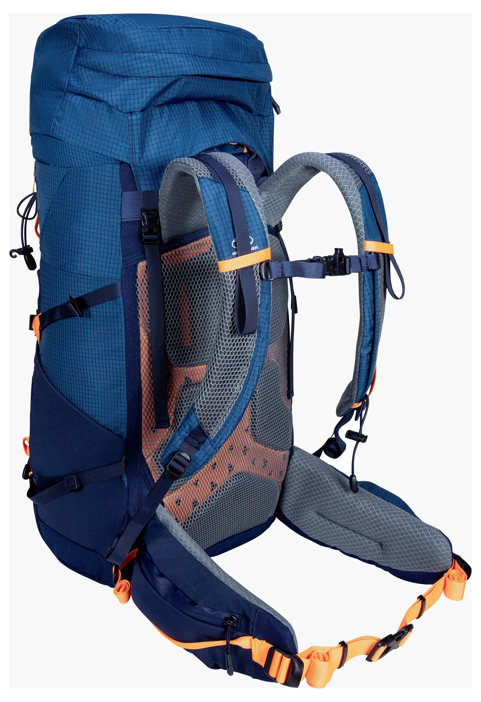 Ein blauer Wanderrucksack mit verstellbaren gepolsterten Schultergurten und orangefarbenen Akzenten, entworfen für die Outdoor-Nutzung, vor weißem Hintergrund gezeigt.