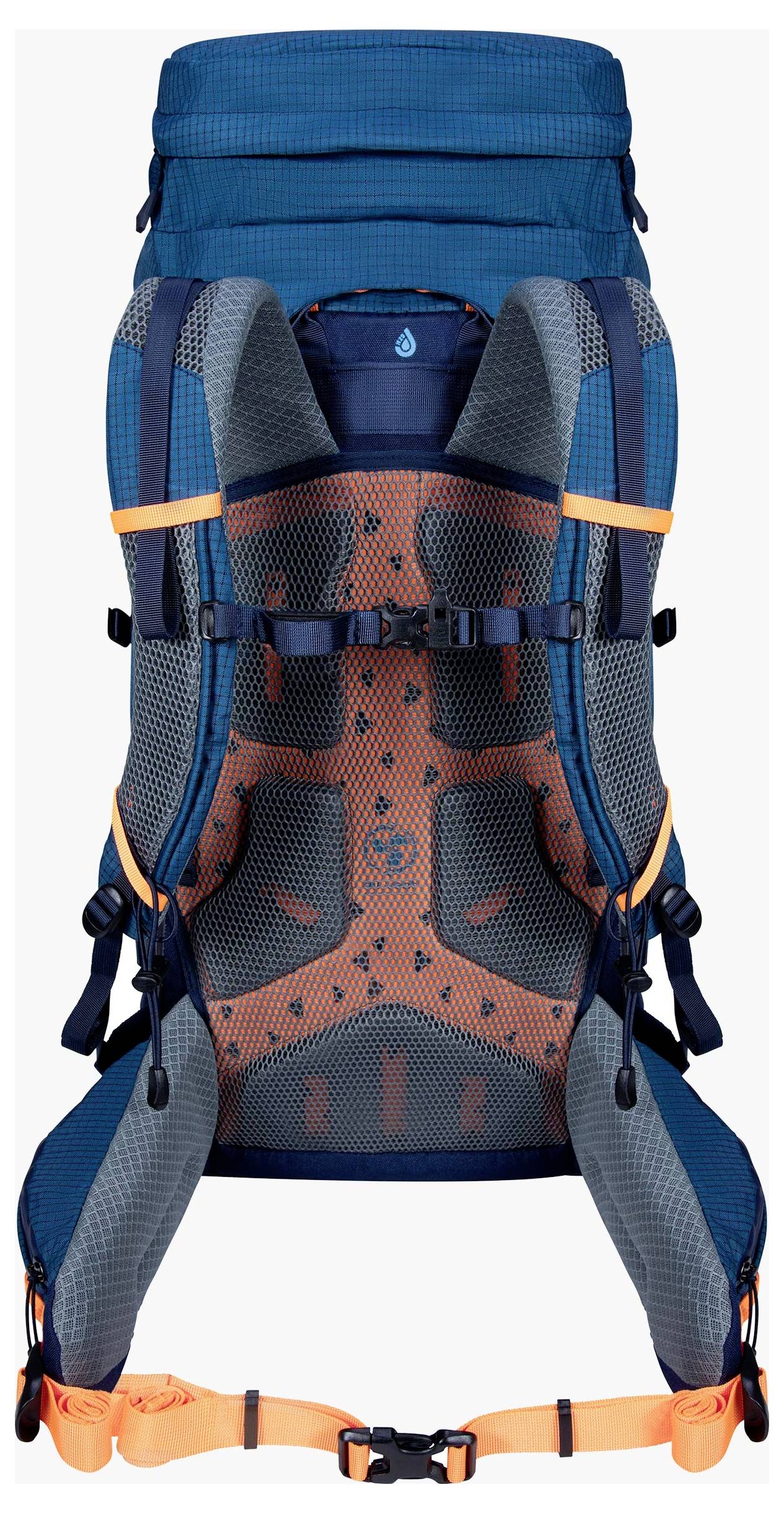 Ein blauer und oranger Wanderrucksack mit gepolsterten Trägern, Netzrückenunterstützung und verschiedenen Schnallen zur Anpassung und zum Befestigen.
