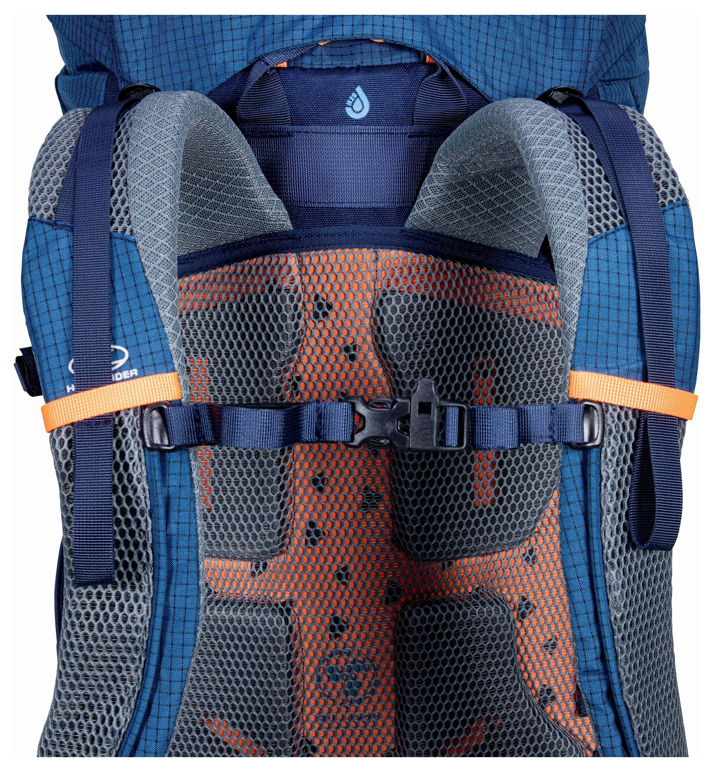 Rucksack mit ergonomischer Mesh-Polsterung, blauen Riemen, orangefarbenen Akzenten und einem Wassertropfen-Logo, entwickelt für Komfort und Unterstützung.