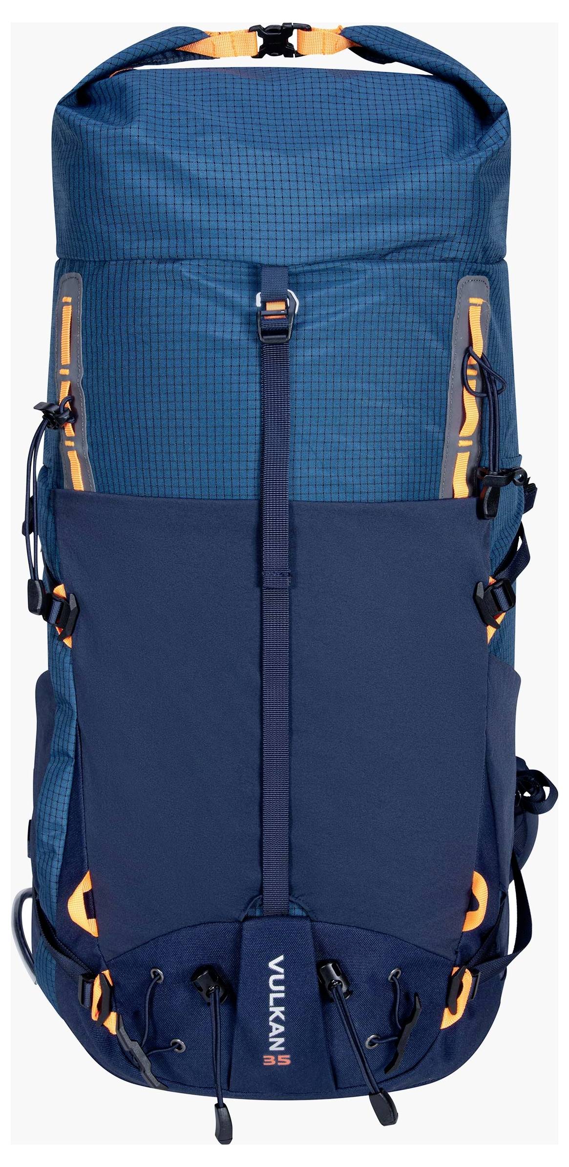 Ein blau und dunkelmarineblau gefärbter Wanderrucksack mit orangefarbenen Akzenten, ausgestattet mit mehreren Riemen und Taschen. Die Marke „Vulkan