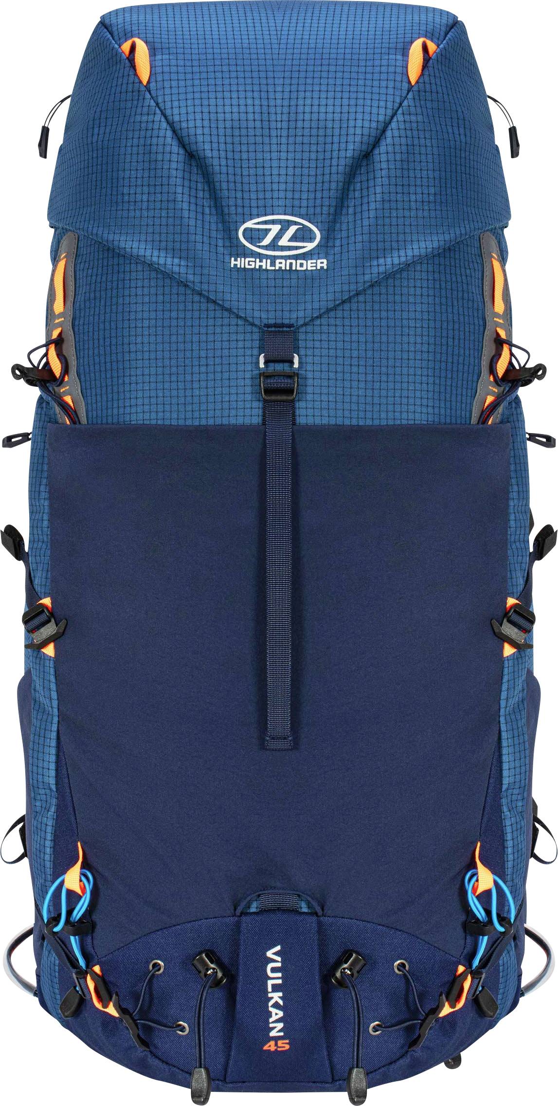 Ein blau-schwarzer Wanderrucksack mit orangefarbenen Akzenten, mit der Marke „Highlander