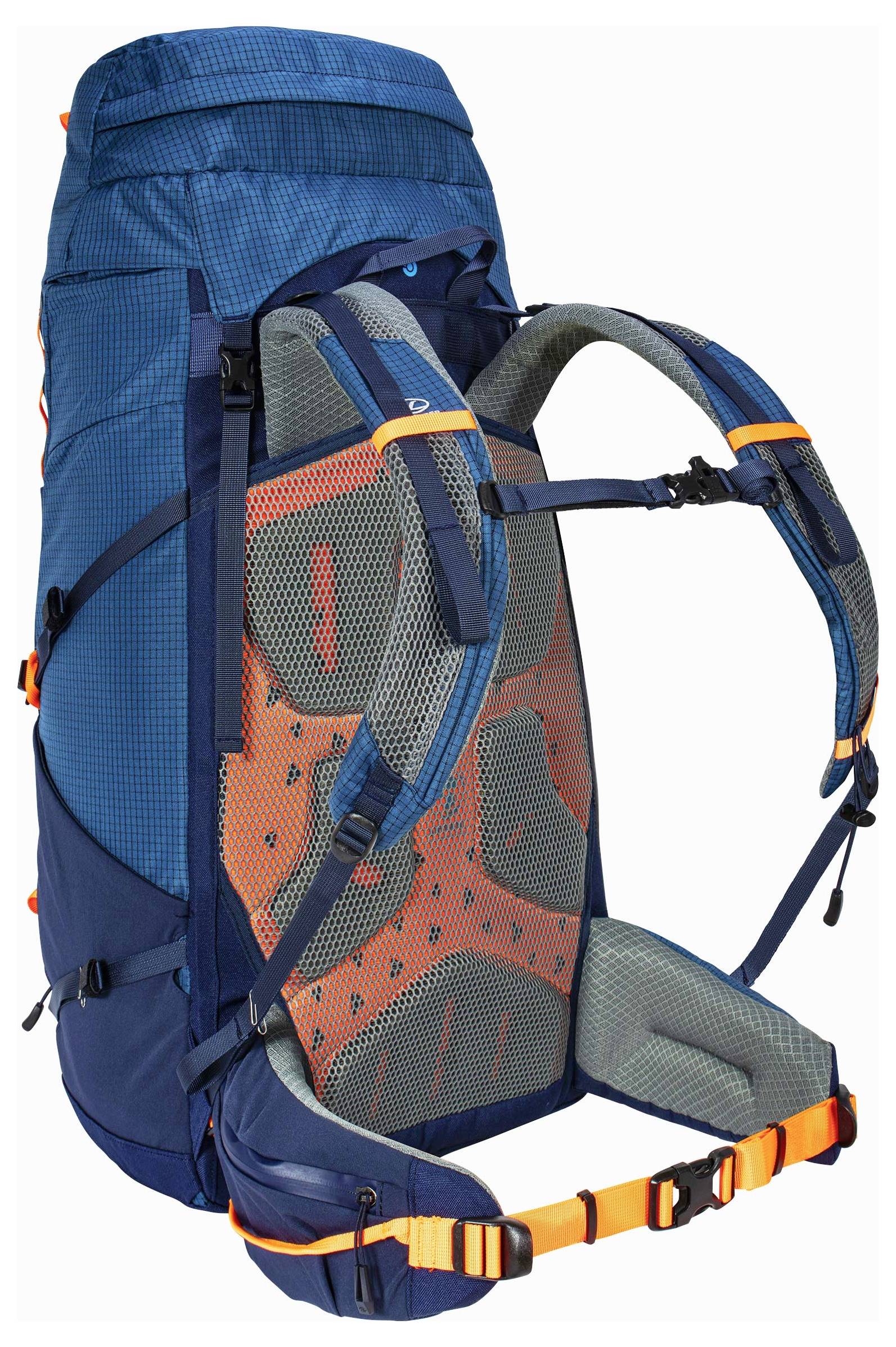 Blauer und orangefarbener Wanderrucksack mit gepolsterten Trägern und Mesh-Rückenseite für Belüftung, entworfen für Outdoor-Trekking und Camping.