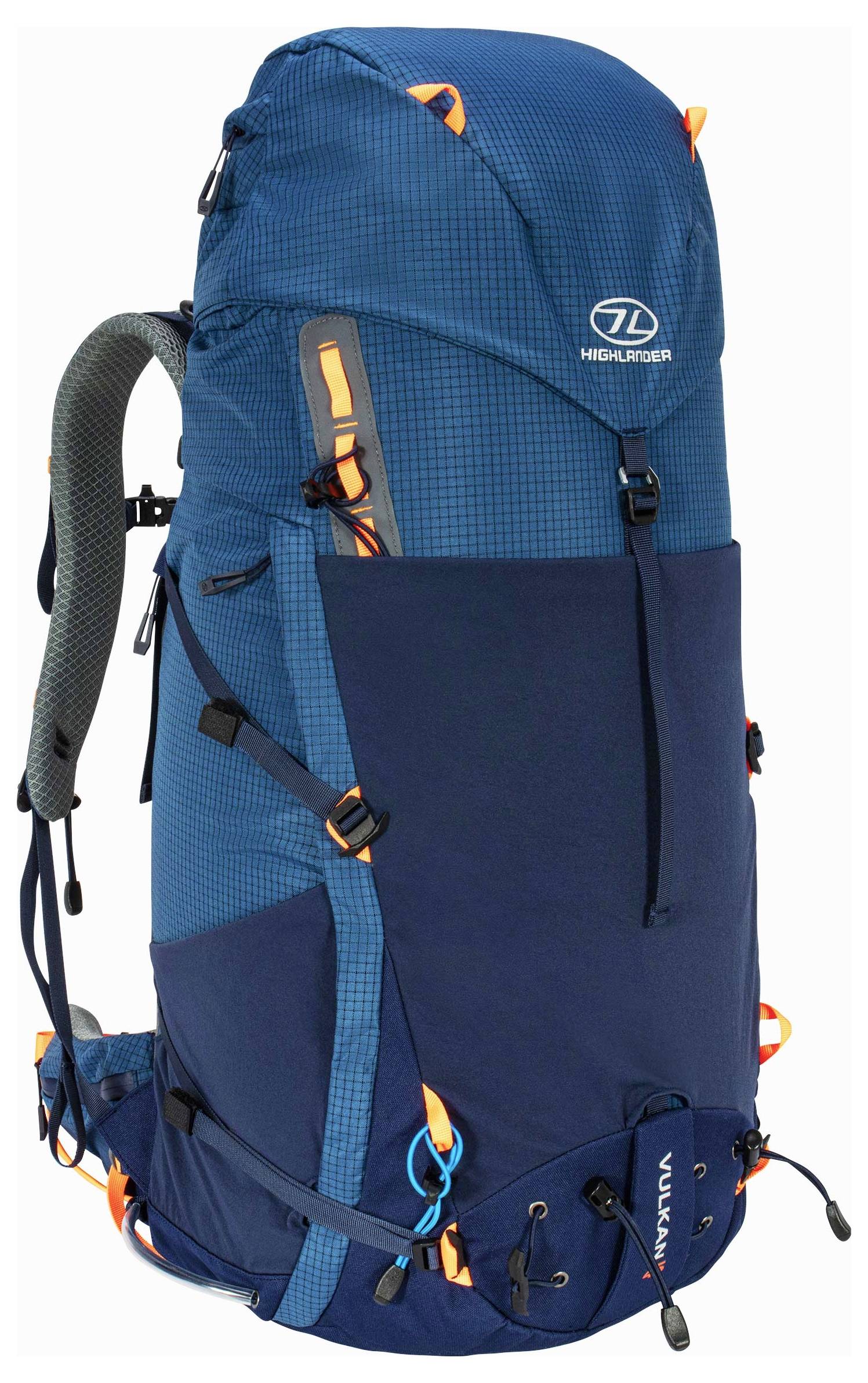 Ein großer blauer Wanderrucksack mit orangefarbenen Akzenten und mehreren Fächern, entworfen für längere Outdoor-Abenteuer.