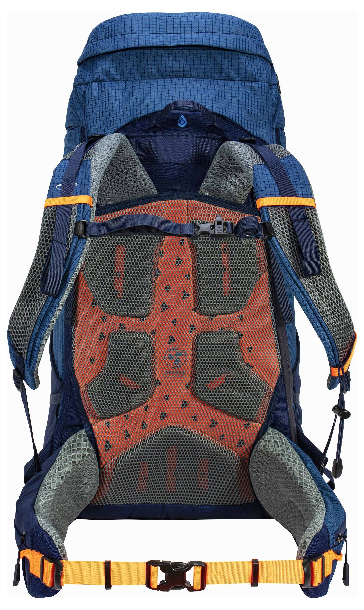 Ein blau-orangefarbiger Wanderrucksack mit ergonomischer Rückenpolsterung, verstellbaren Schultergurten und einem sicheren Hüftgurt, entwickelt für Komfort bei langen Wanderungen.