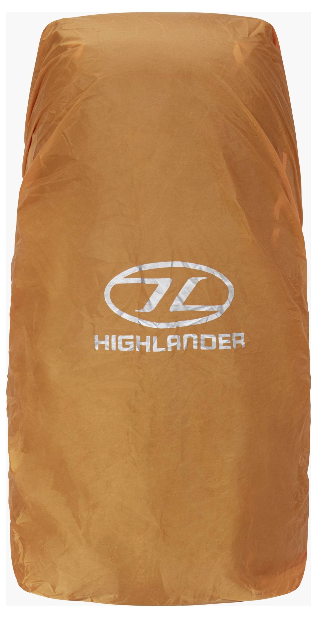 Orangefarbene wasserdichte Rucksackhülle mit dem Schriftzug „Highlander