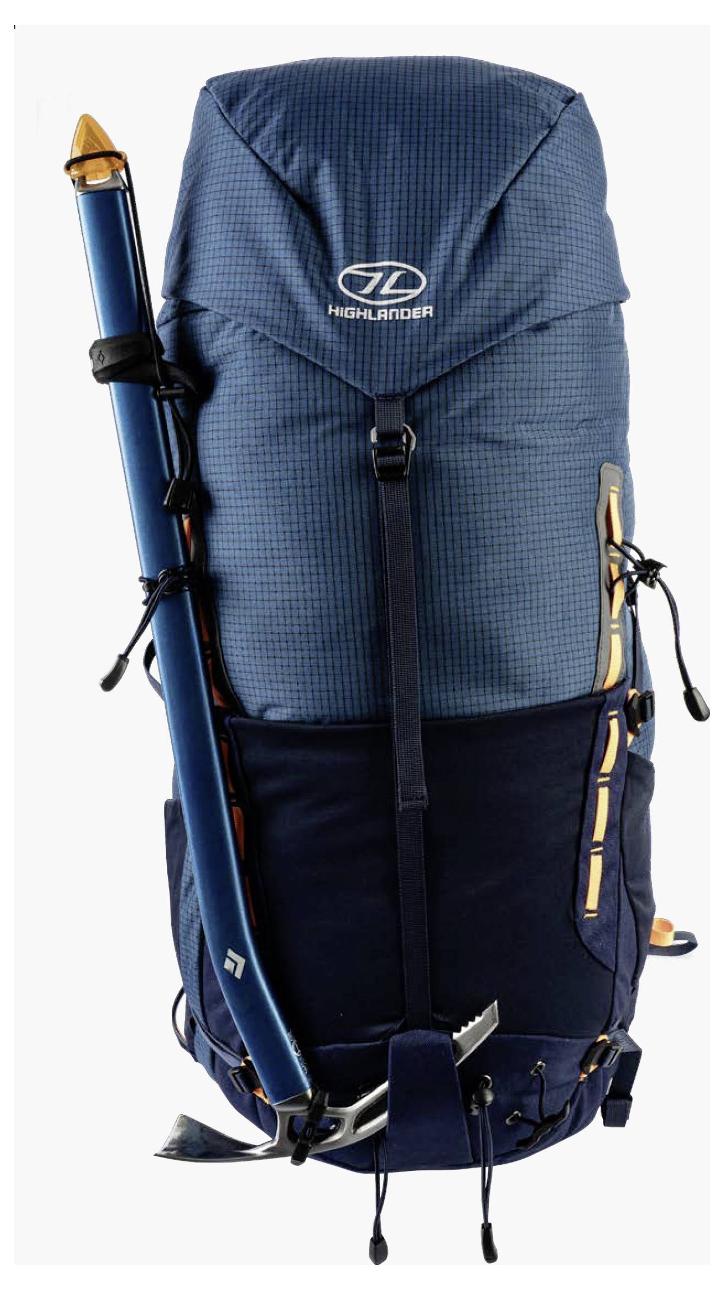 Ein großer blauer Wanderrucksack mit mehreren Riemen und einer blauenen Eispickel, die befestigt ist.