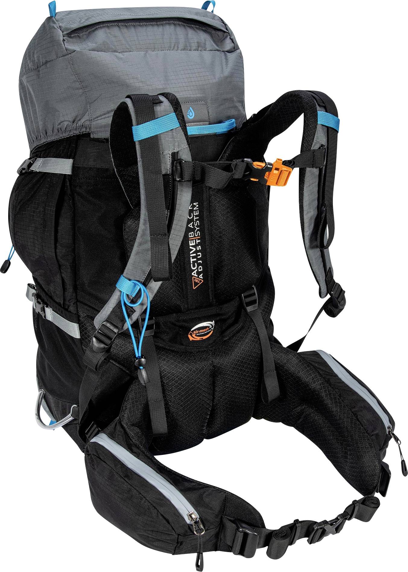 Ein schwarzer und grauer Wanderrucksack mit gepolsterten Schultergurten, einem Hüftgurt, mehreren Taschen und blauen Akzenten, entworfen für die Outdoor-Nutzung.