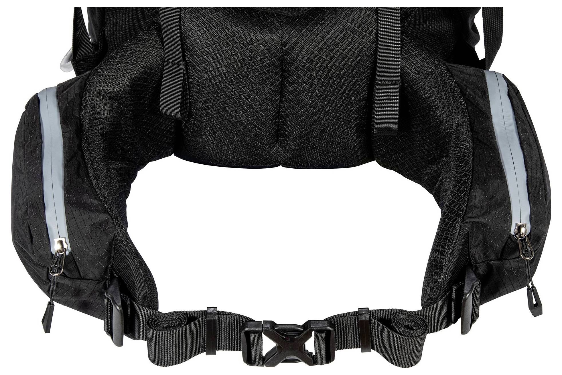 Rucksack-Hüftgurt mit gepolsterter Unterstützung, verstellbaren Riemen, zwei seitlichen Reißverschlusstaschen und Schnallenverschluss, entwickelt für Komfort und Stauraum.