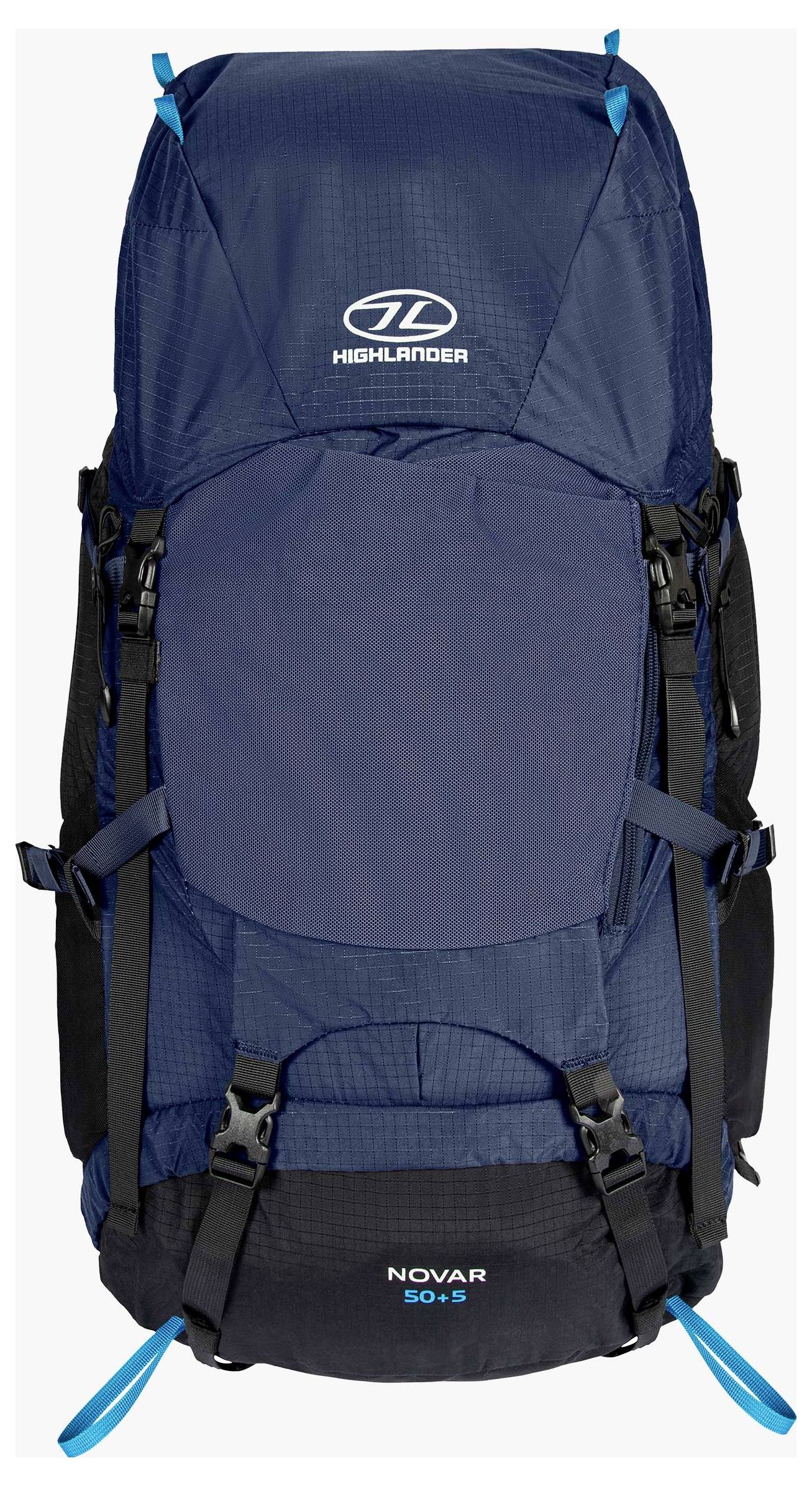 Ein blauer Wanderrucksack mit gepolsterten Trägern und atmungsaktivem Mesh-Rückenpanel für Komfort und Unterstützung.