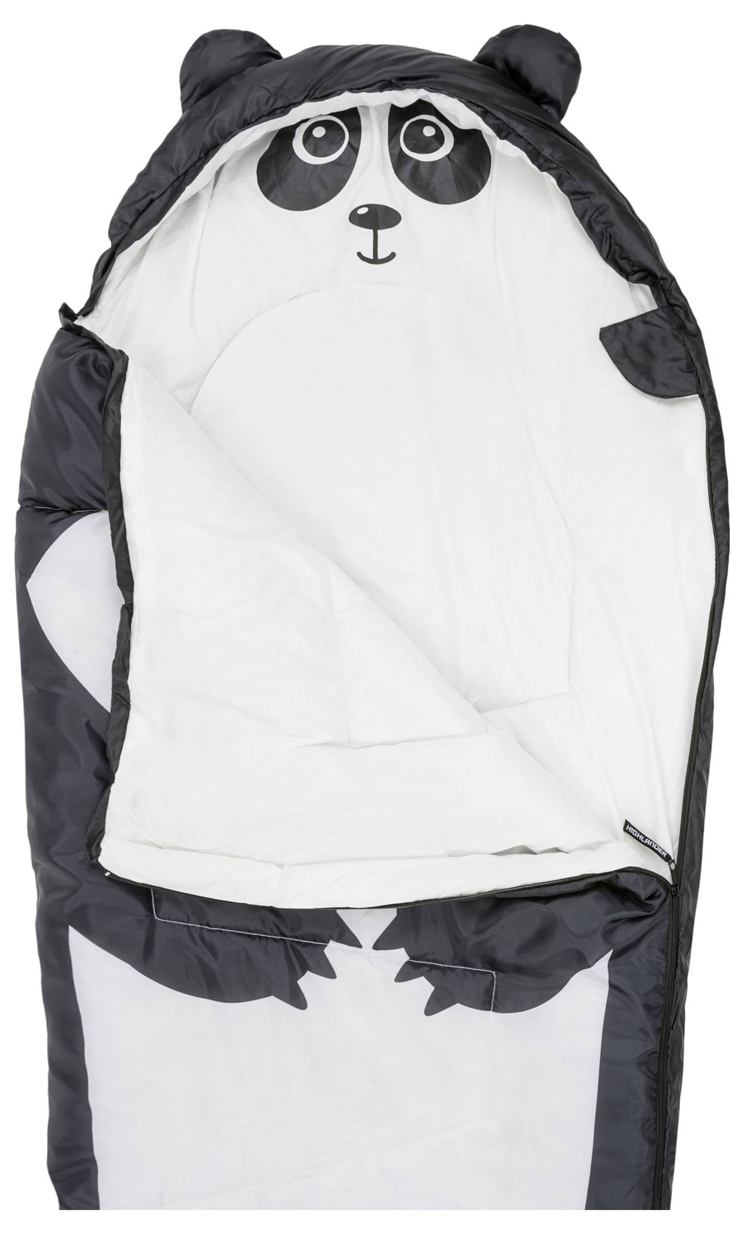 Ein schwarz-weißer Panda-Schlafsack mit einem Pandagesicht auf der Kapuze und Pfoten auf dem Körper, entworfen für Kinder.