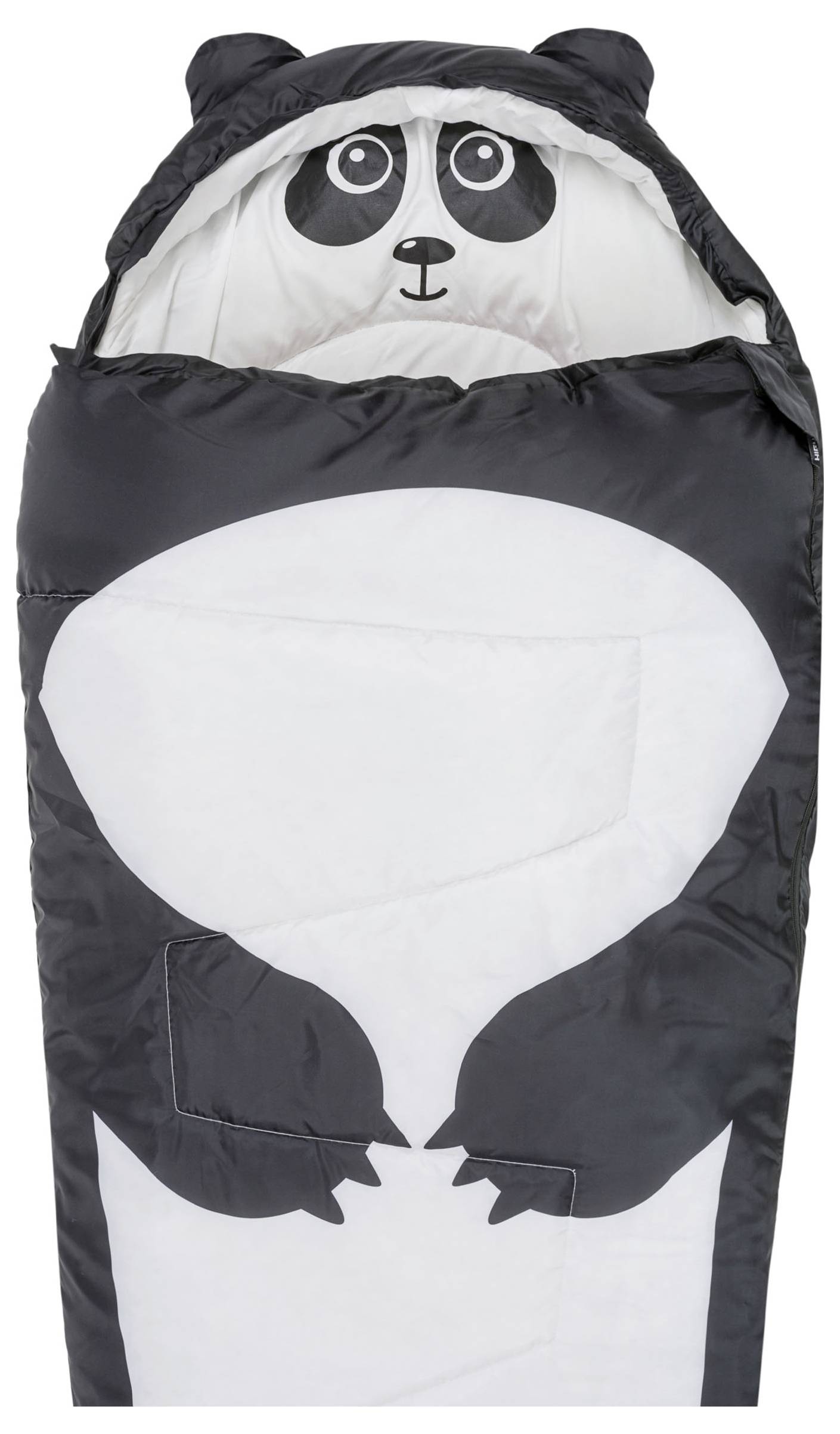 Ein Schlafsack, der wie ein Panda aussieht, mit Pandagesicht und Pfoten in Schwarz und Weiß.