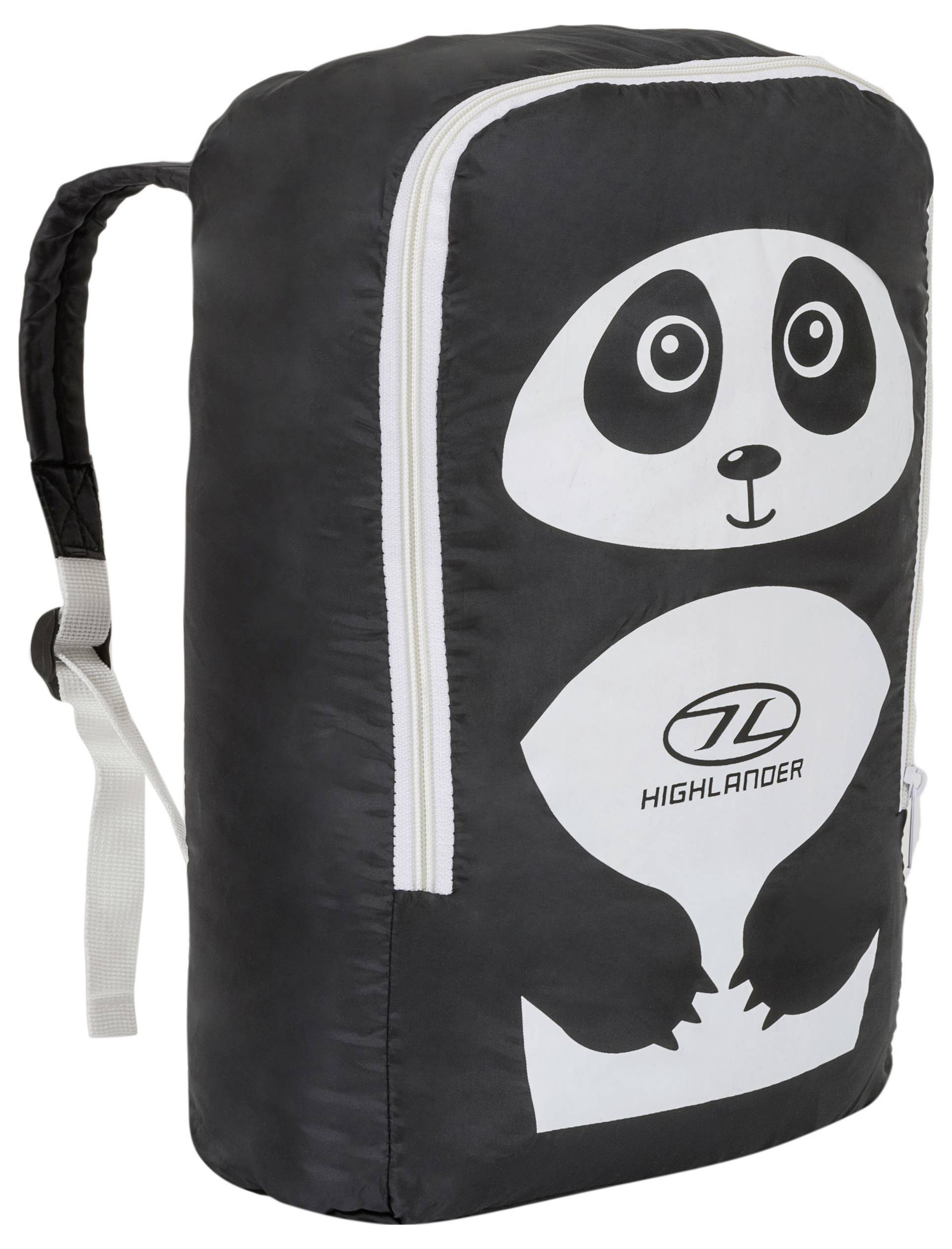 Ein schwarz-weißer Kinderrucksack mit einer Cartoon-Panda-Grafik und dem Logo 
