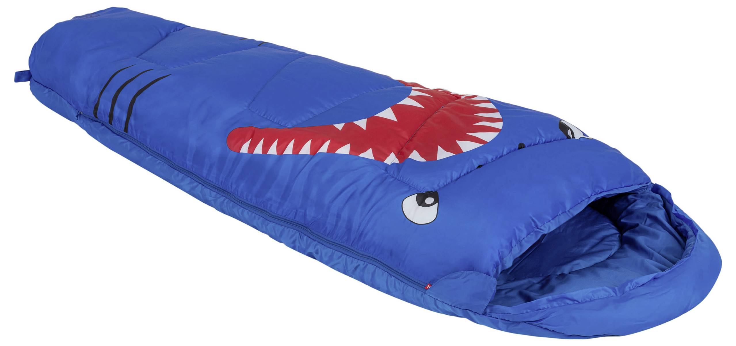 Ein blauer Schlafsack mit einem verspielten Hai-Design mit Augen und Mund auf der Kapuze, der einen unterhaltsamen und fantasievollen Look schafft.