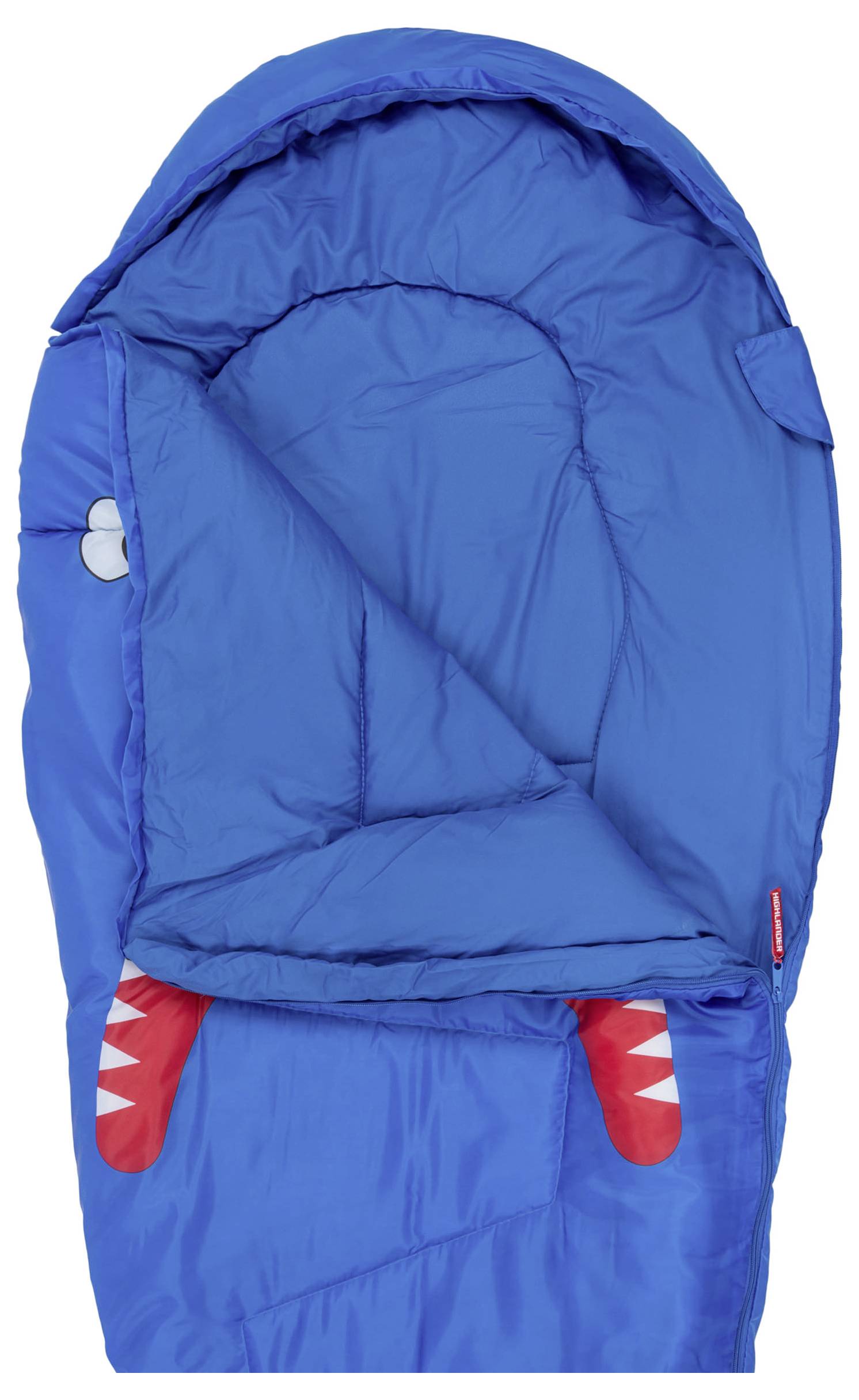 Ein blauer Schlafsack mit Hai-Design, ausgestattet mit roten und weißen Zähnen an der Öffnung, entworfen für Kinder.