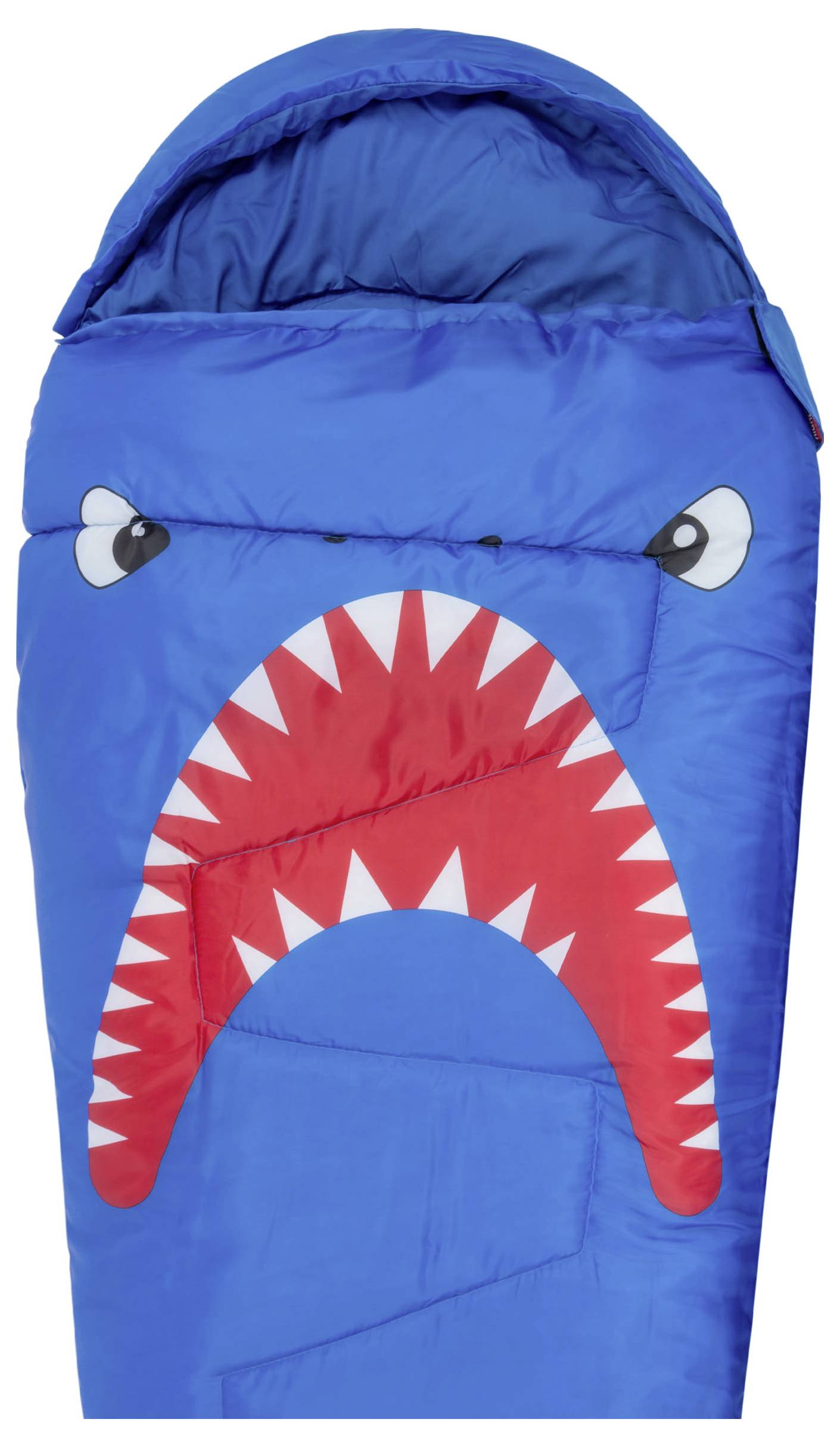 Ein blauer Schlafsack in Haidesign; mit einem roten und weißen offenen Mund-Motiv und Augen an der Oberseite.