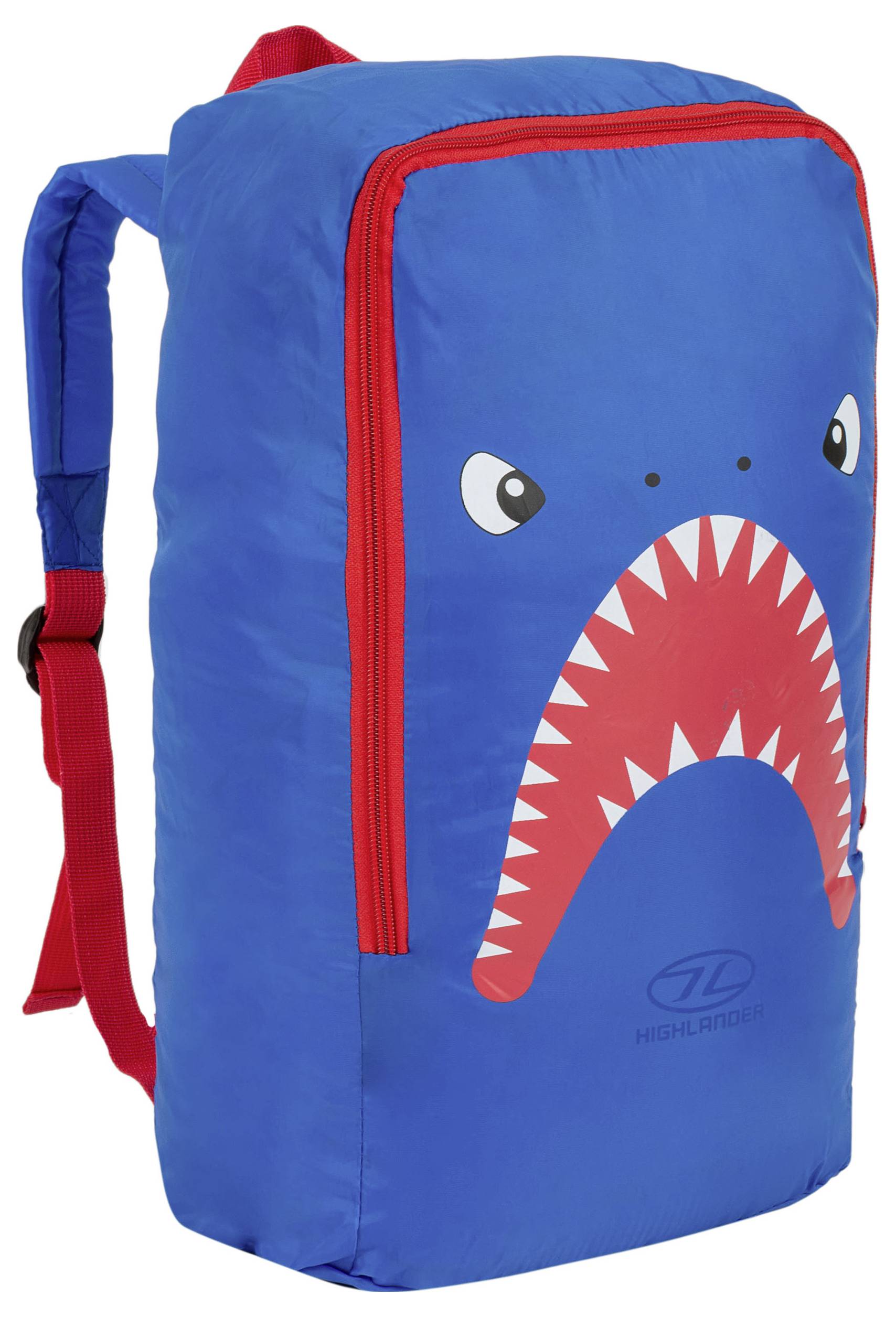 Blauer Kinderrucksack mit Cartoon-Hai-Design, mit weit offenem Maul und scharfen Zähnen. Rote Riemen und ein Reißverschluss akzentuieren den Rucksack.