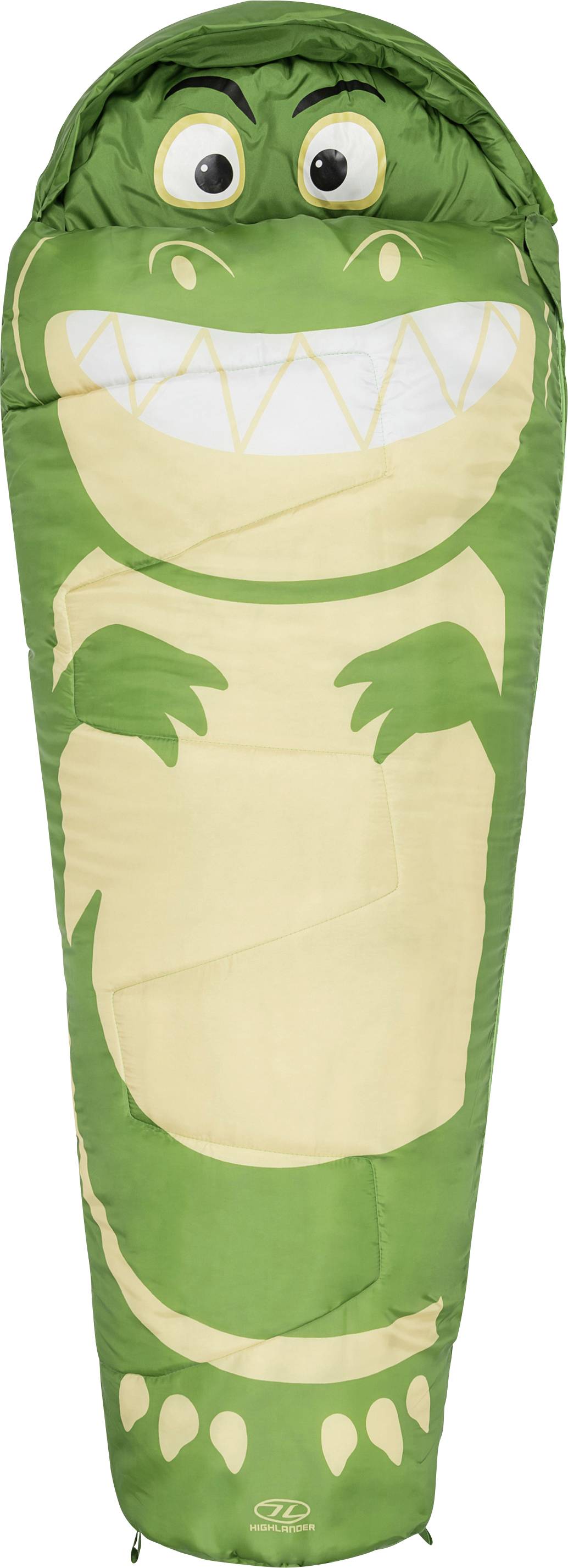 Grüner, krokodilthematischer Schlafsack mit Cartoon-Gesicht und großen Zähnen, für Kinder ausgelegt.