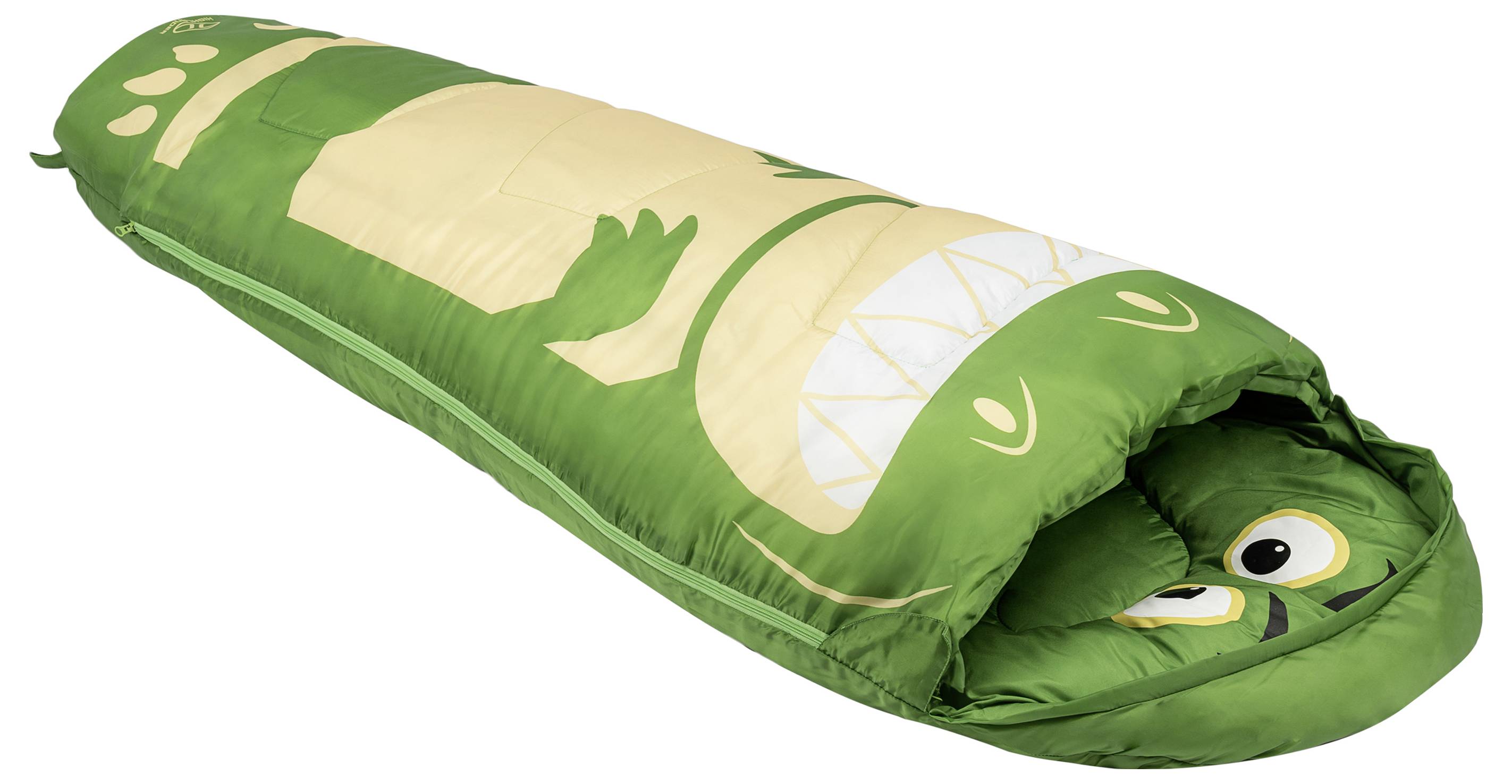 Ein grün und beige farbener Schlafsack, der einem freundlichen Cartoon-Krokodil ähnelt und mit Augen, Zähnen und Krallenelementen gestaltet ist.