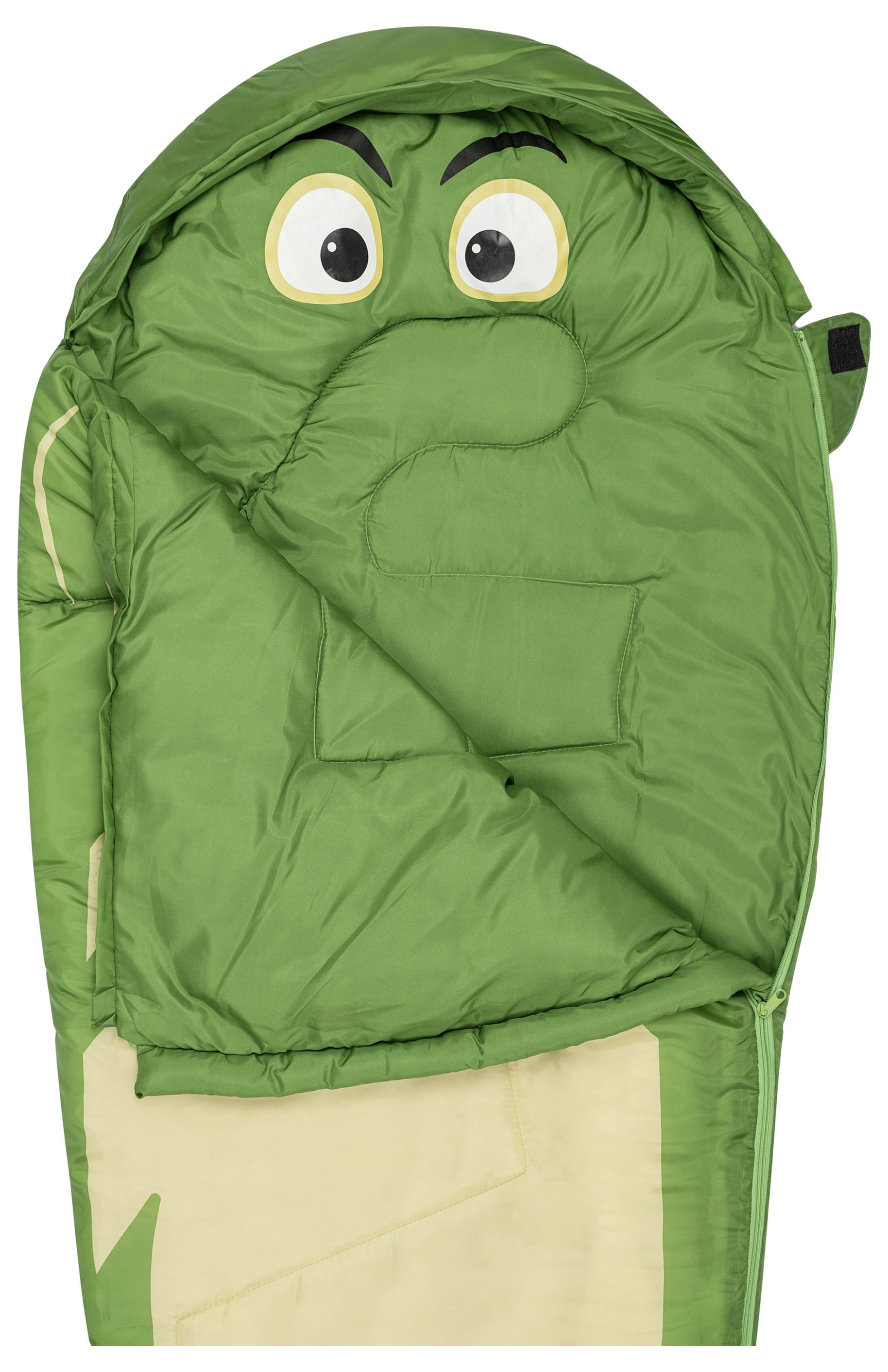 Grüner Kinderschlafsack in Form einer verspielten Figur mit großen Augen und Augenbrauen, die einer animierten grünen Kreatur ähnelt.